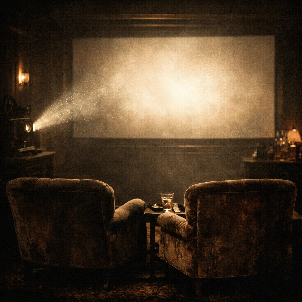 Private film screening room with velvet chairs, illustrating exclusive family office media investment opportunities.
