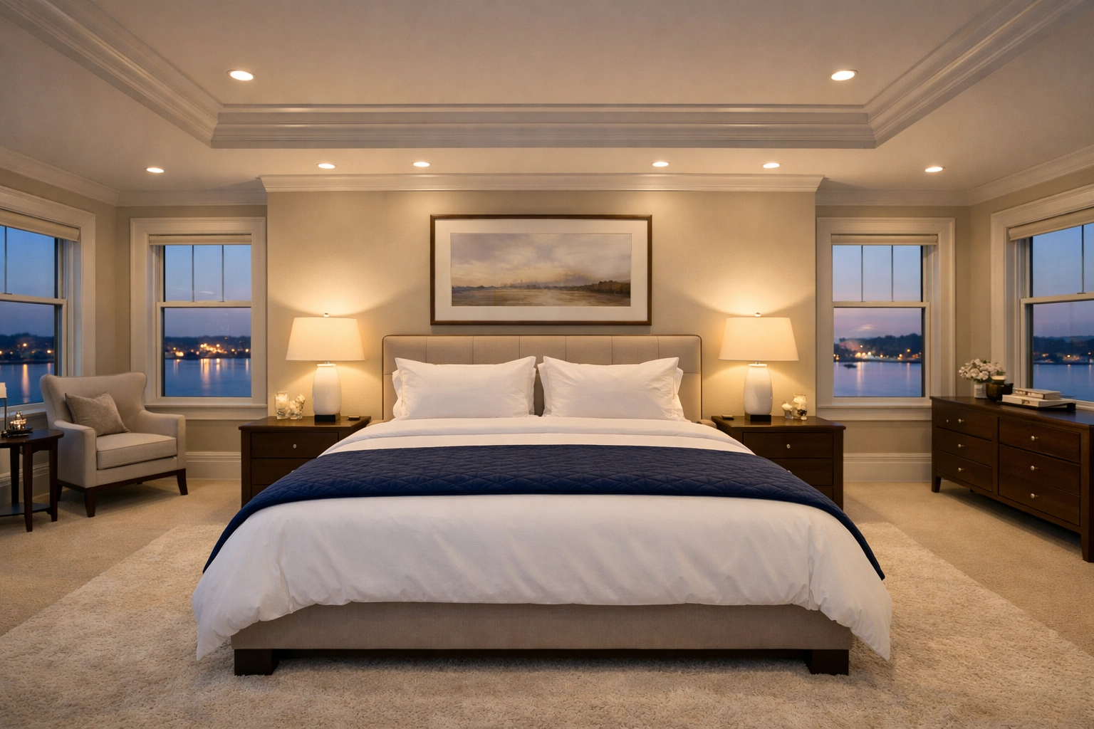 Immaculate master bedroom with fresh linens and harbor views following luxury house cleaning in Hingham.