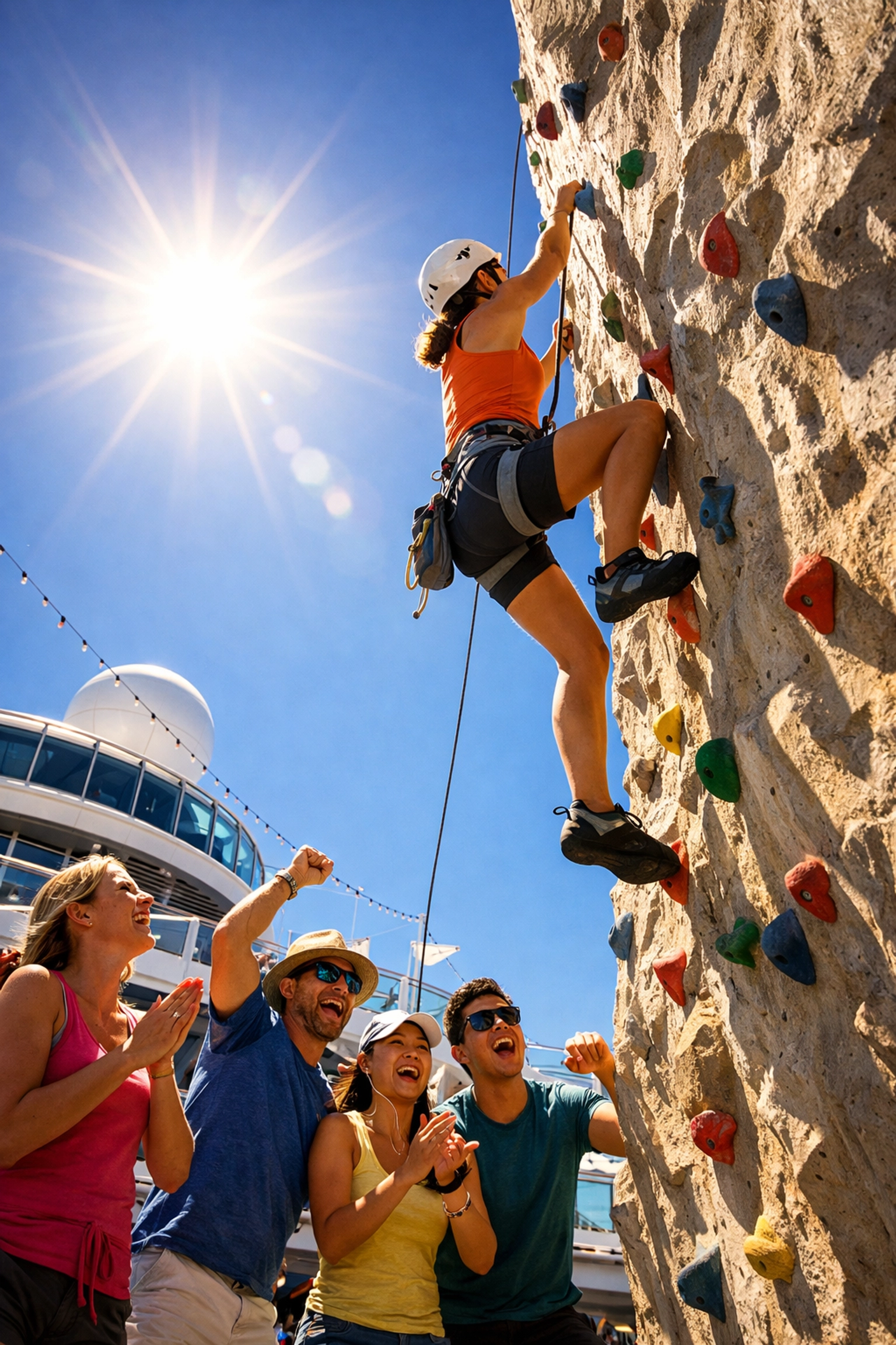 Solo traveler rock climbing on cruise ship activity wall with passengers watching