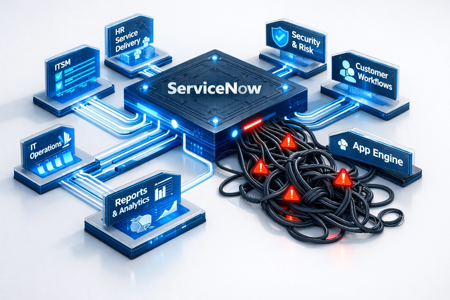 ServiceNow architecture diagram illustrating technical debt from customizations versus best practices