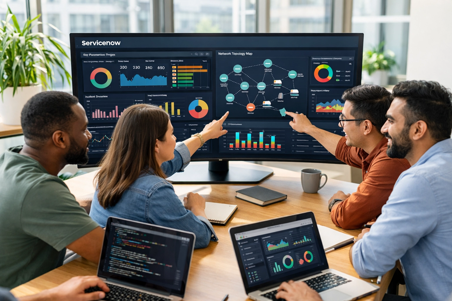 IT team collaborating on ServiceNow dashboards for ITOM implementation and autonomous remediation