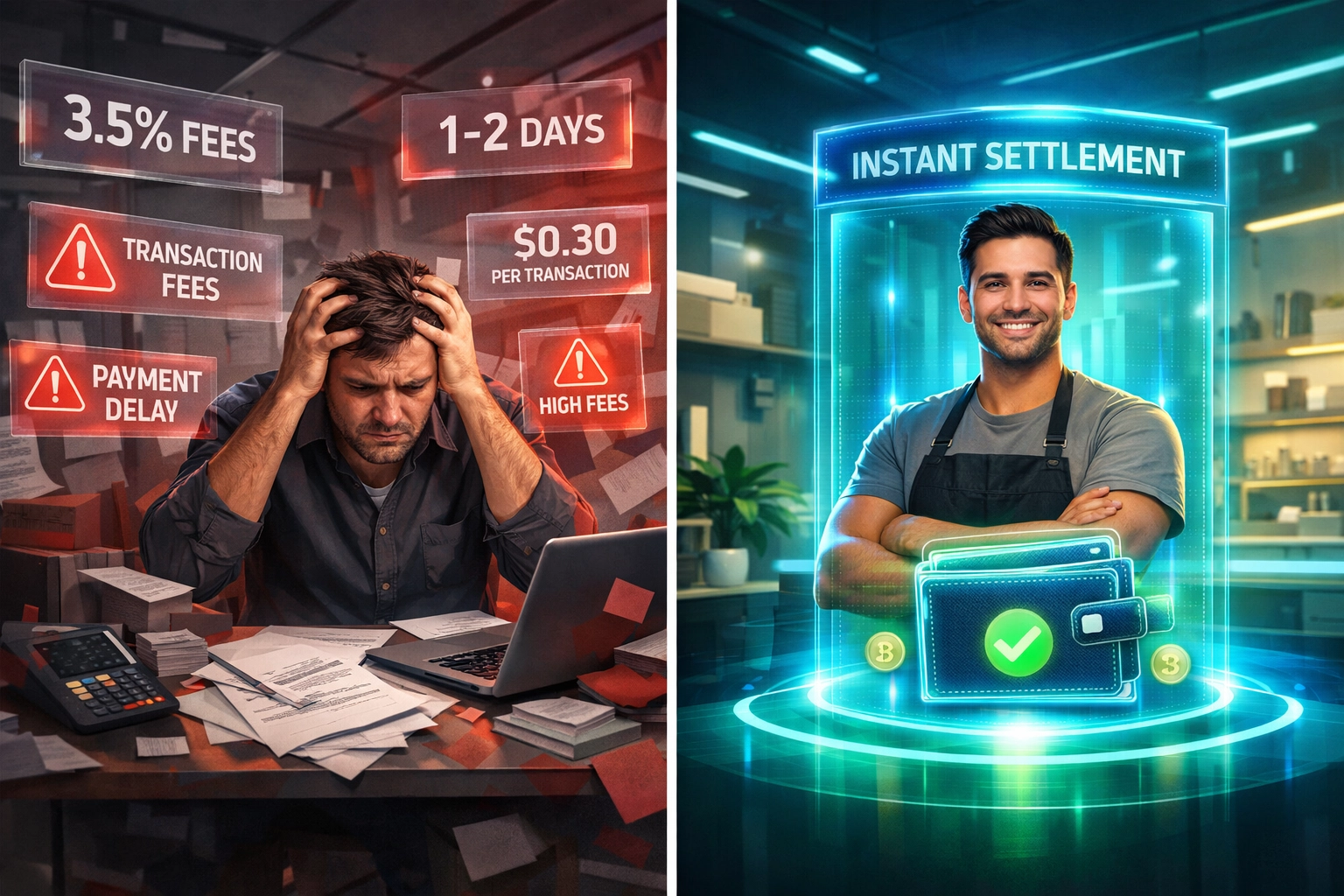 Self-custody merchant account providing instant settlement versus traditional crypto processors