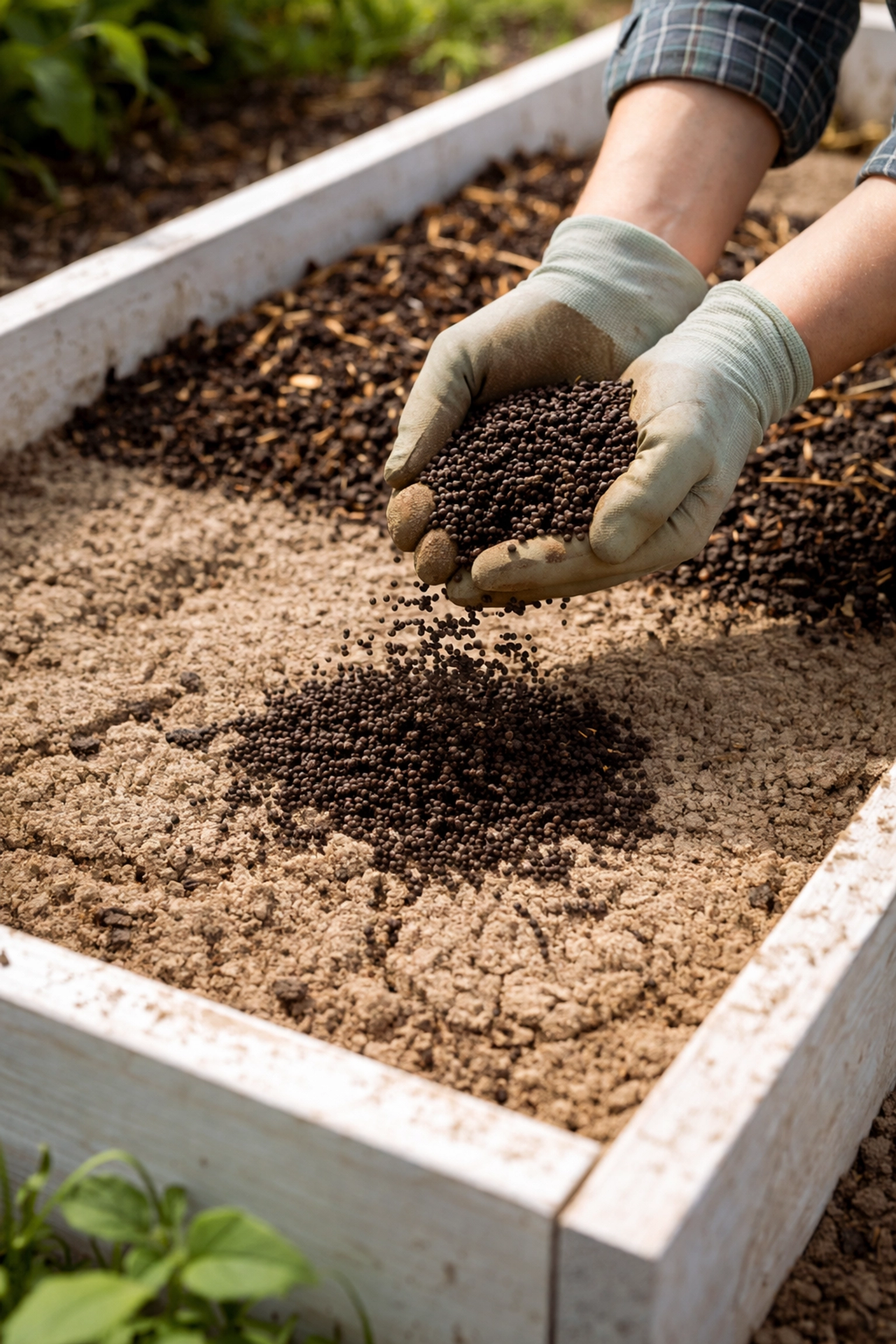 Gardener applying organic fertilizer to bare soil, highlighting common mistake in vegetable gardening