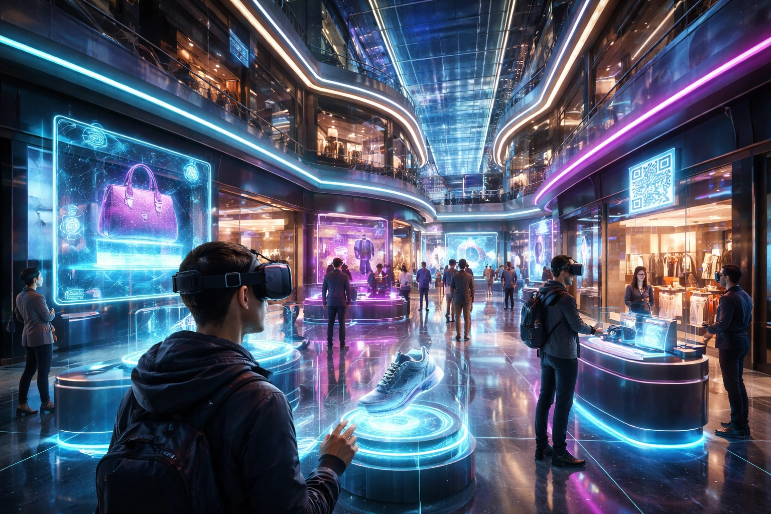Virtual reality shopping mall with VR shoppers, holographic products, and QR code checkouts, illustrating the future of metaverse commerce using LUSD.