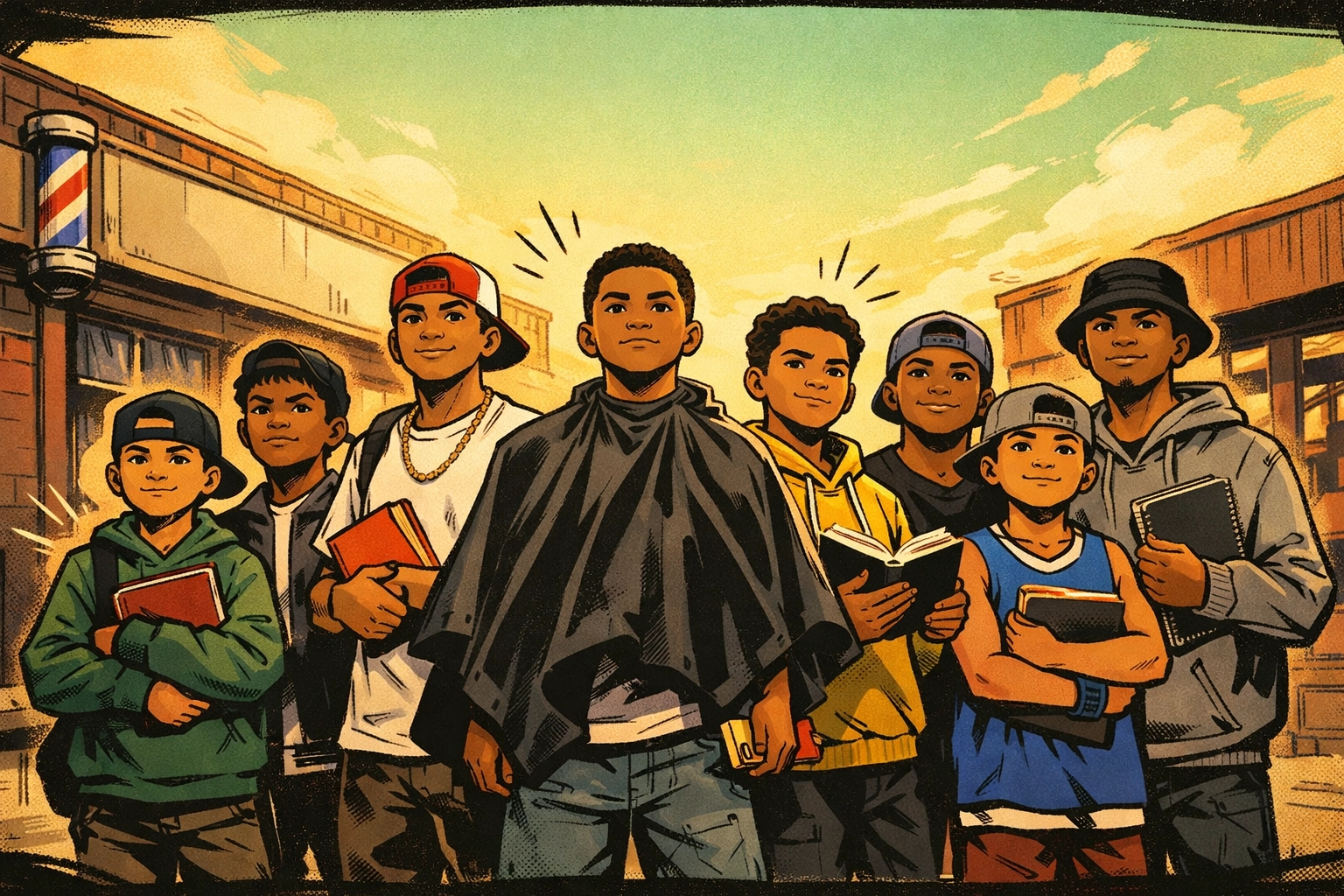 A group of young Black men standing together with books, representing leadership and community literacy.