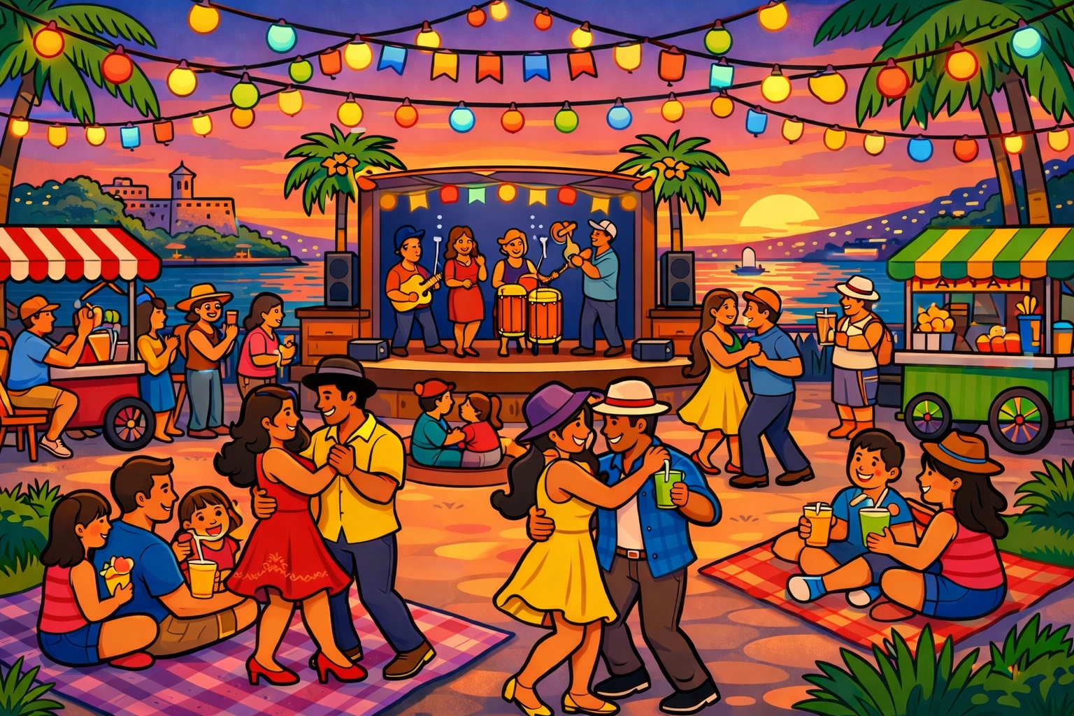 Live salsa music performance at Plaza de la Marina in Old San Juan at night
