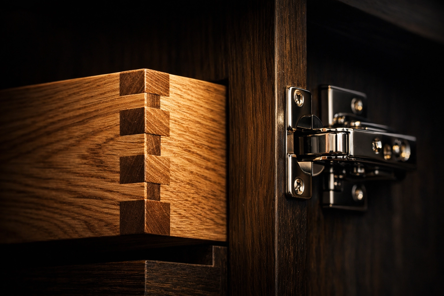 Close-up of high-quality solid oak dovetail joints and durable hinges in a custom-built wardrobe.