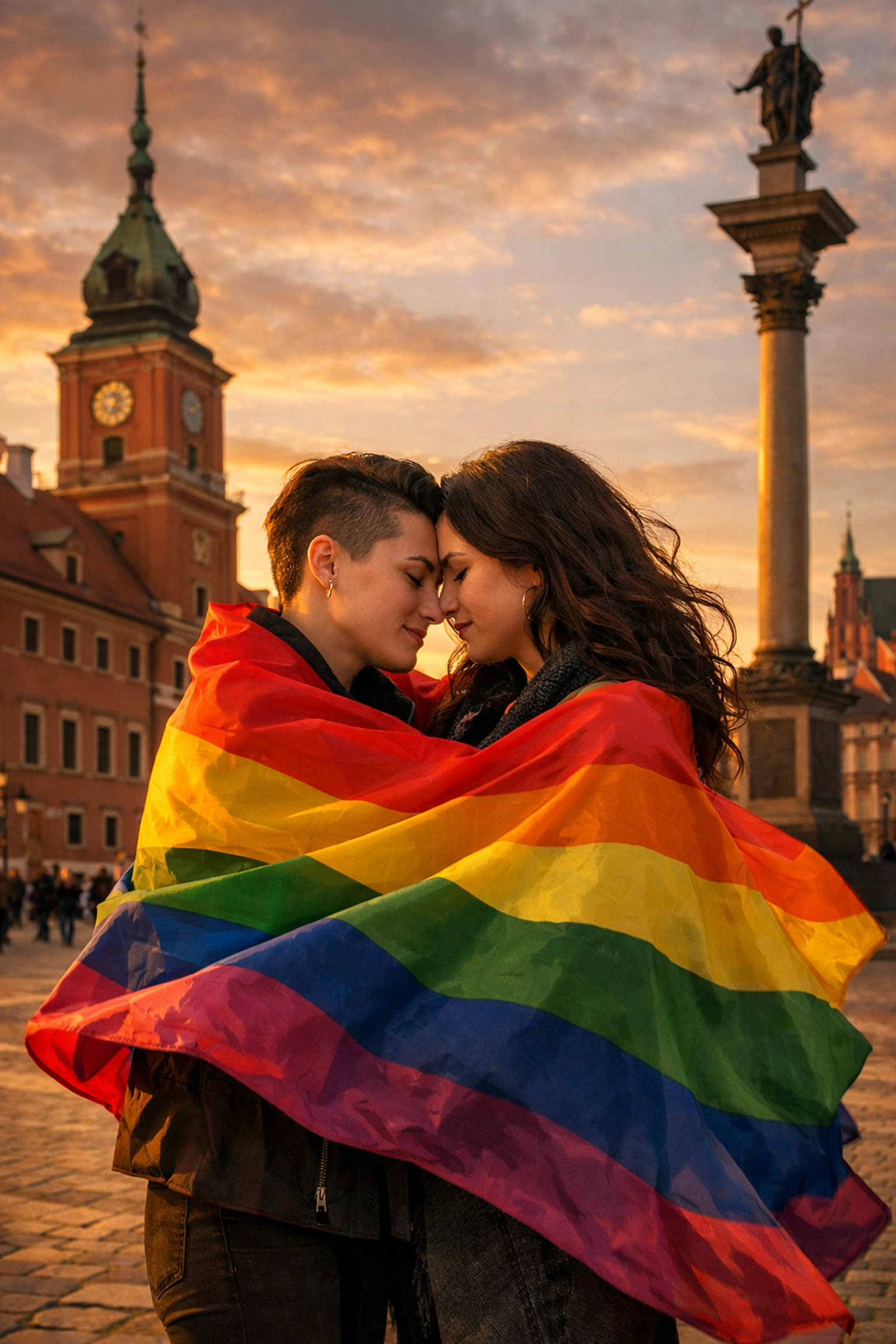 A modern lesbian couple wrapped in a rainbow flag, symbolizing the resilient LGBTQ+ heritage in Poland.