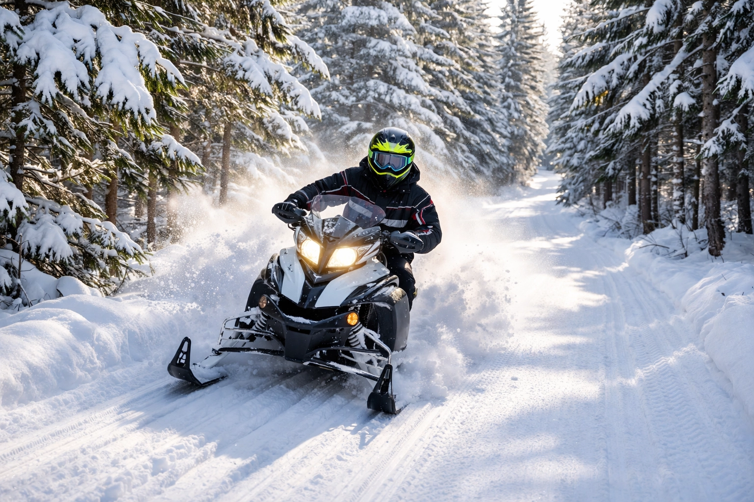 Snowmobiling through the scenic winter trails of the Ontario Highlands - AI representation