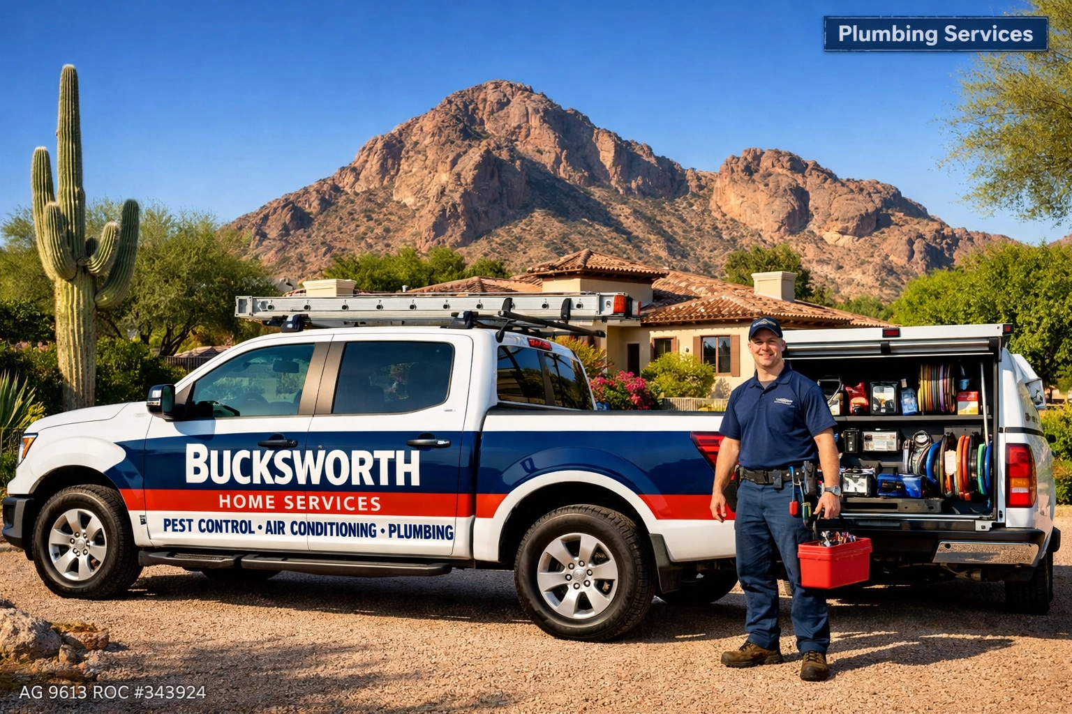 Bucksworth Home Services truck in Paradise Valley near Camelback Mountain ready for local plumbing and hot water repairs.