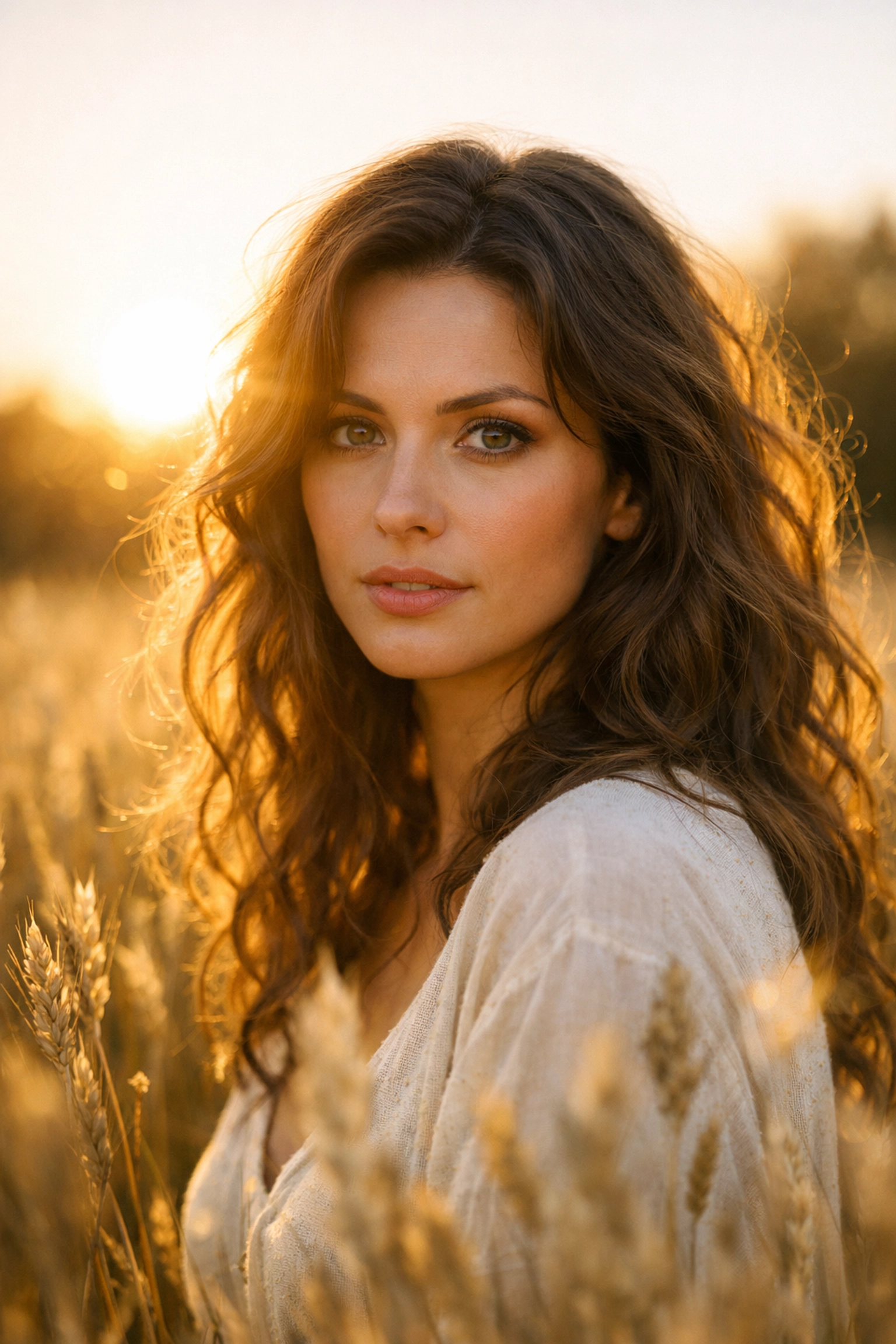Outdoor portrait photography of a woman in a field during golden hour with soft natural light.