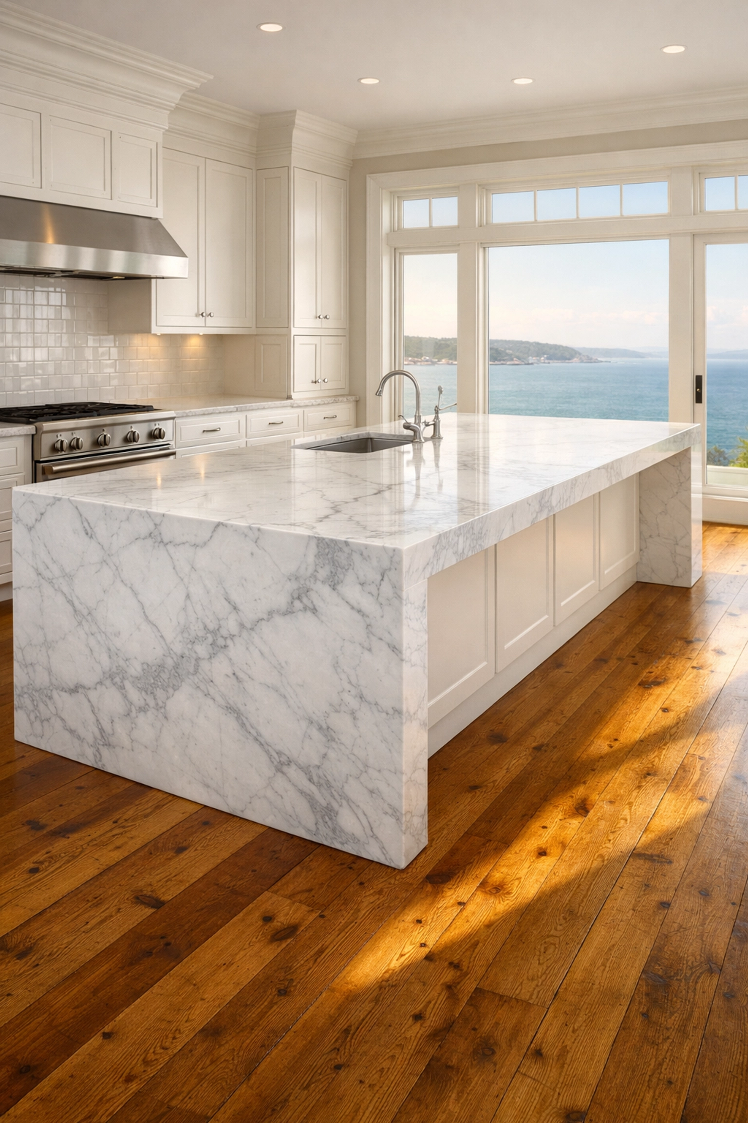 Pristine coastal Duxbury kitchen with white marble countertops cleaned by professional residential services.