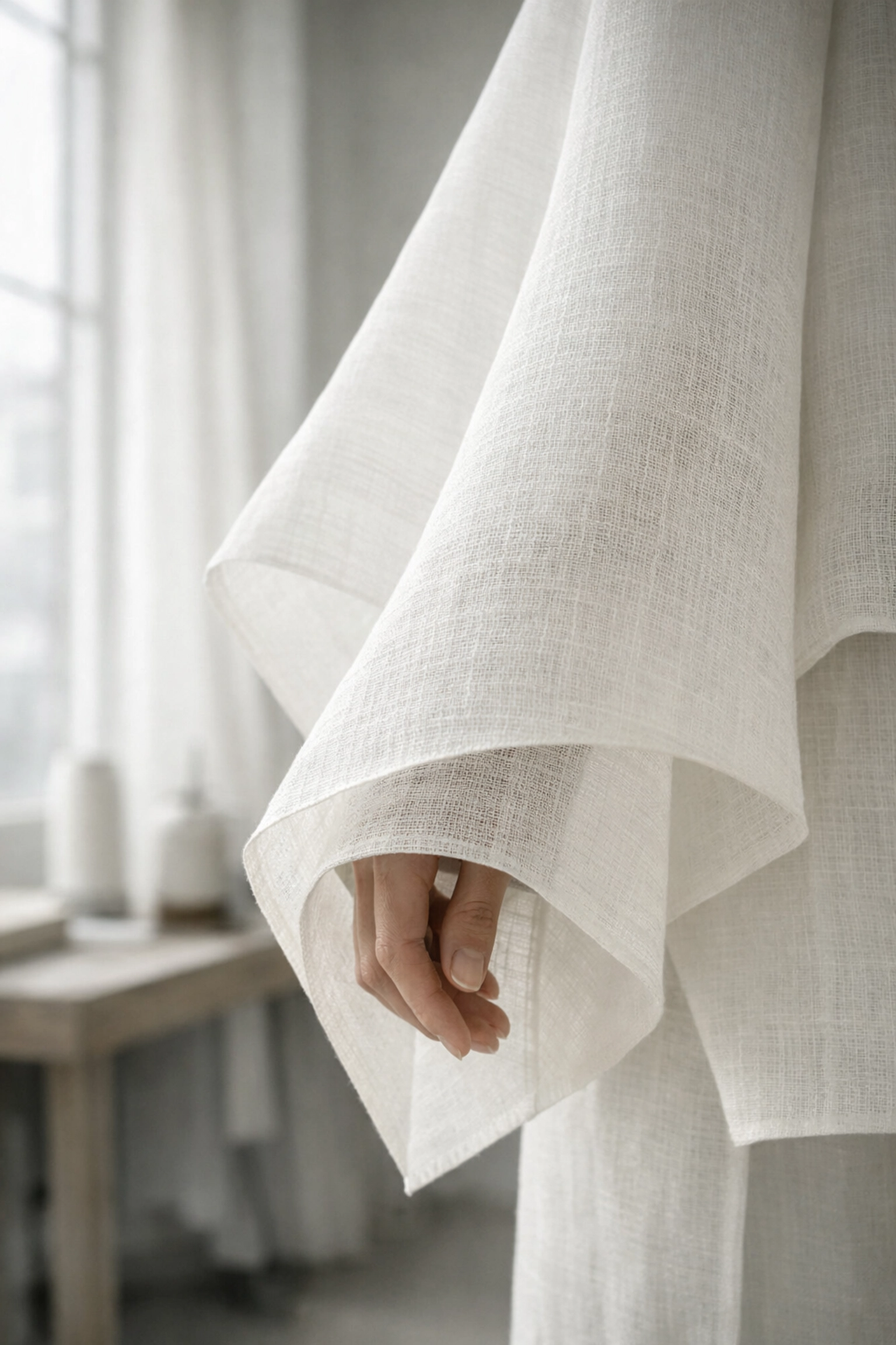 Close-up of semi-translucent Hansan ramie fabric used in Ahhorn's modern sustainable fashion designs.