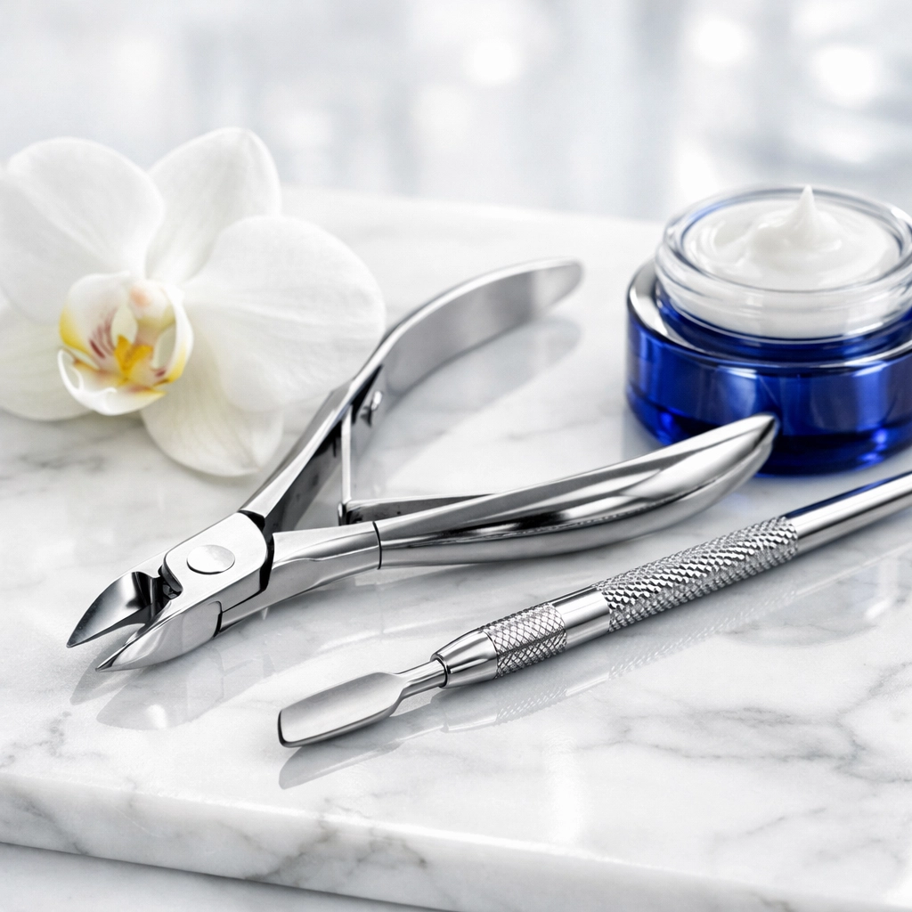 Hygienische Maniküre-Instrumente auf Marmor für professionelle Nagelpflege und Pediküre in Wien 1030.