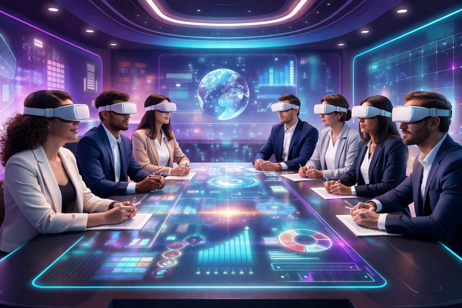 Business team collaborating in AI-powered virtual reality meeting space with floating data visualisations