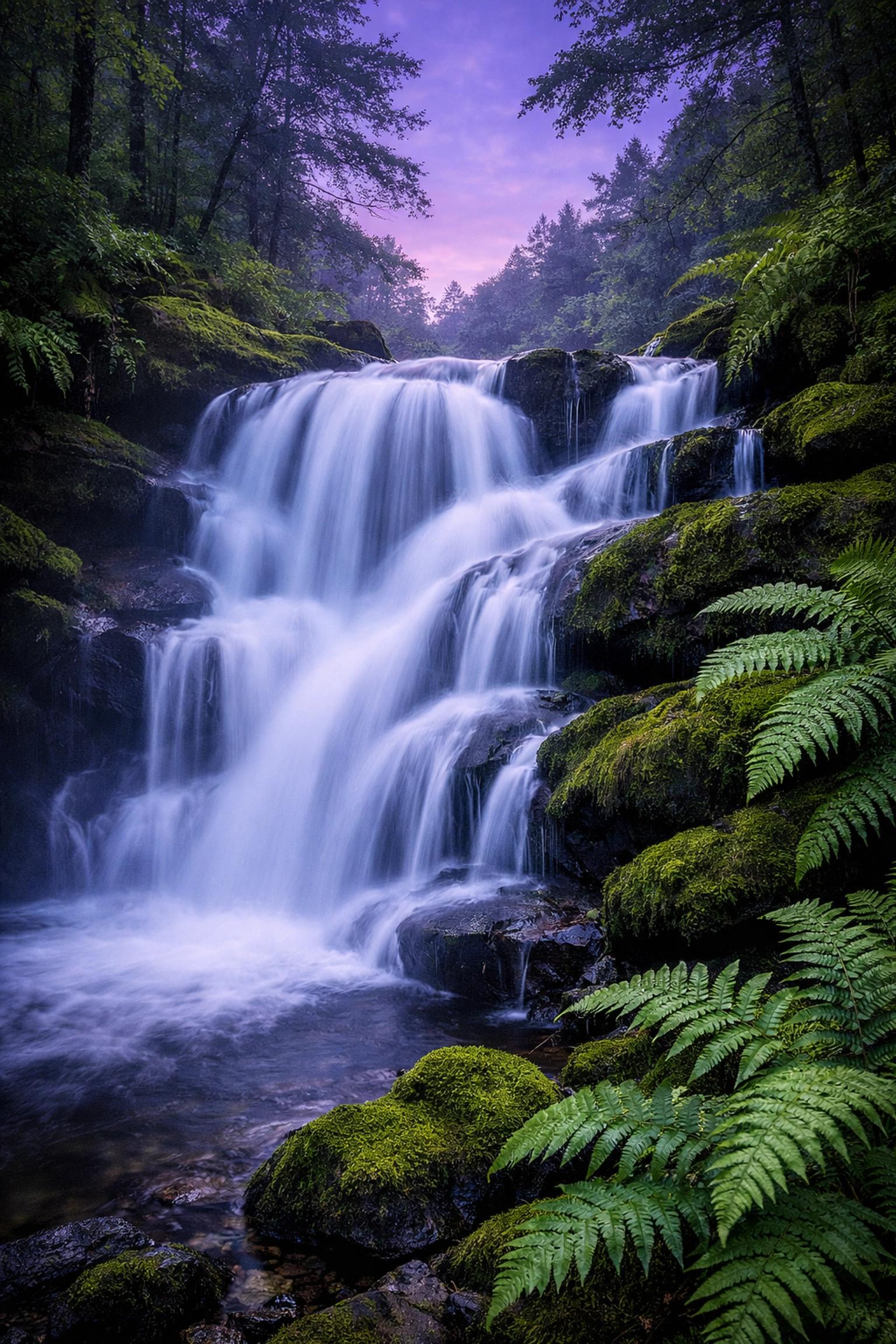 Silky waterfall long exposure illustrating the use of manual mode for ethereal landscape photography.