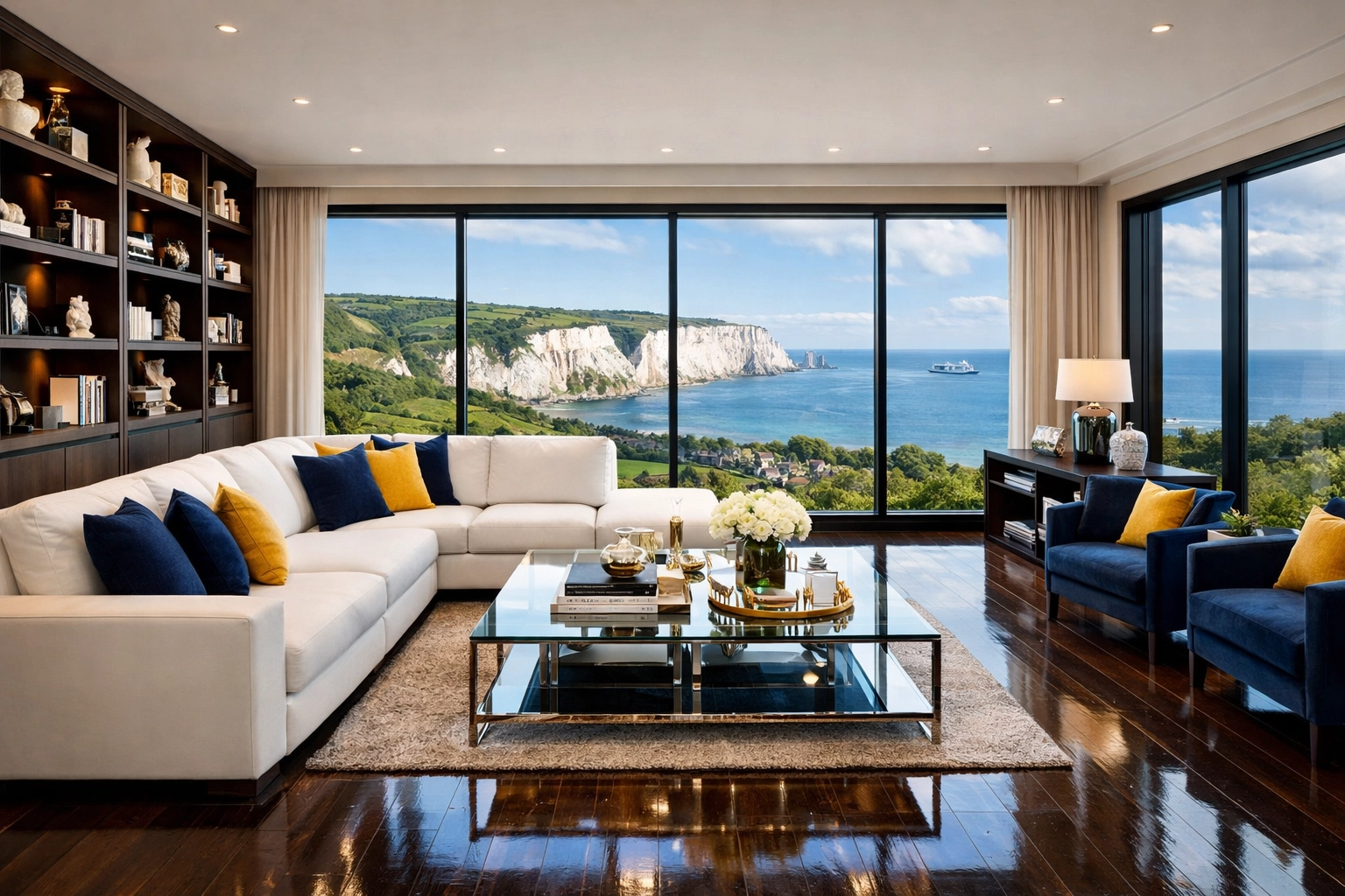 Spotless luxury living room in Dover MA with polished hardwood floors after professional deep cleaning.