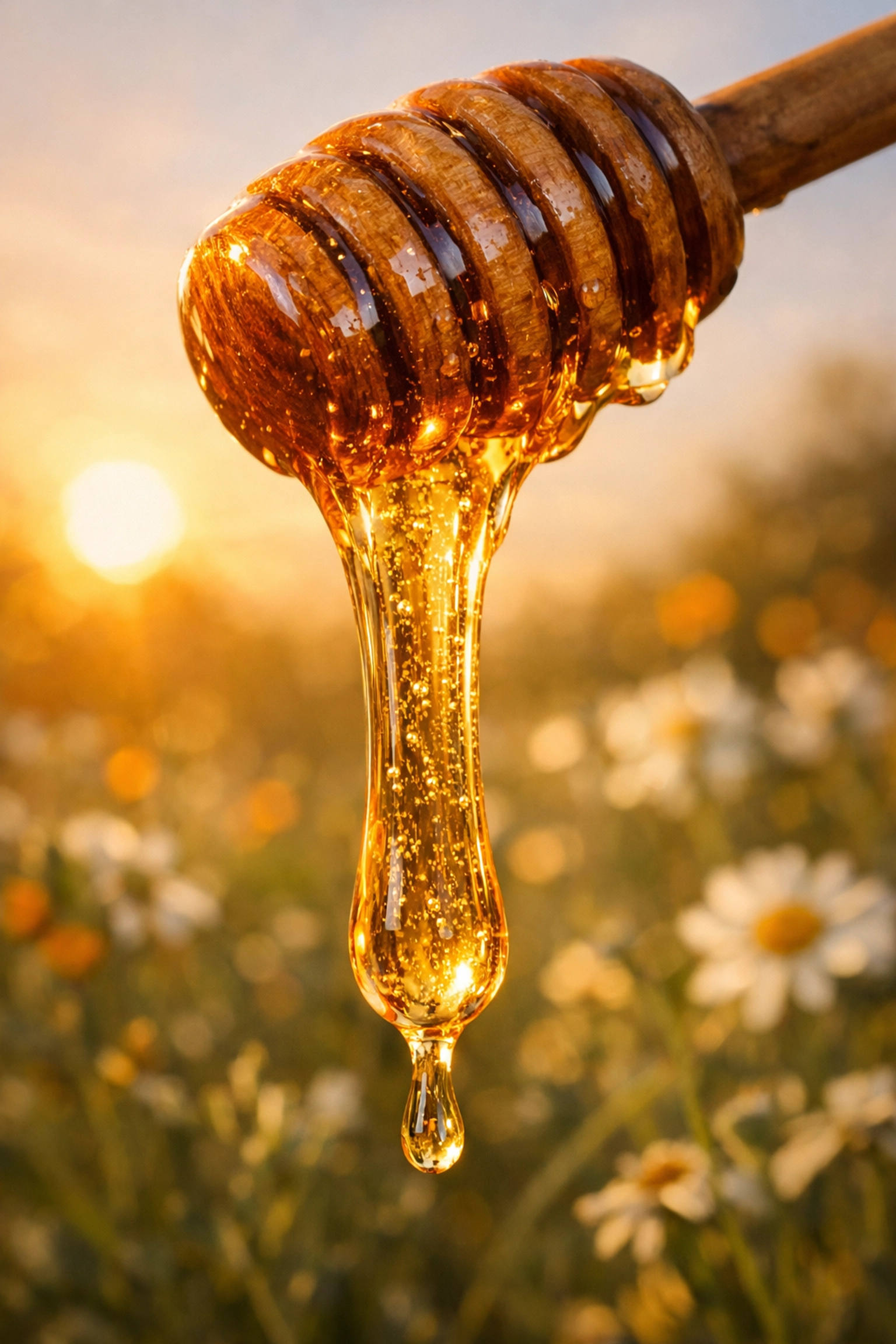Organic golden honey dripping from a wooden dipper, a natural home remedy for wound healing and energy.