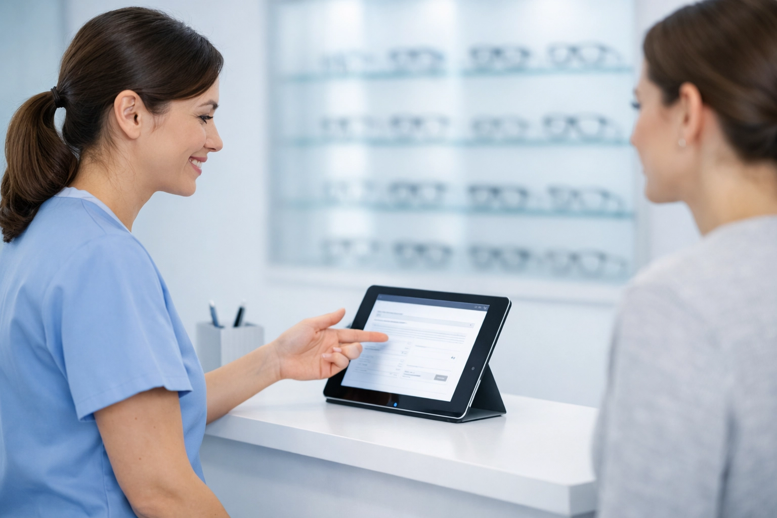 Staff discussing insurance coverage and coordination of benefits with a patient at an optometry office.