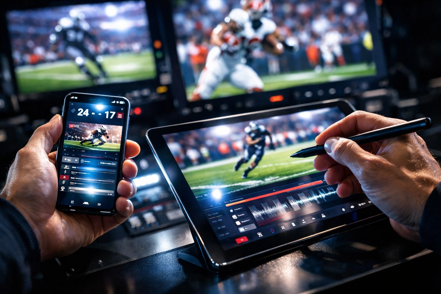 Marketing specialist using mobile devices to capture digital engagement and Super Bowl branding moments.