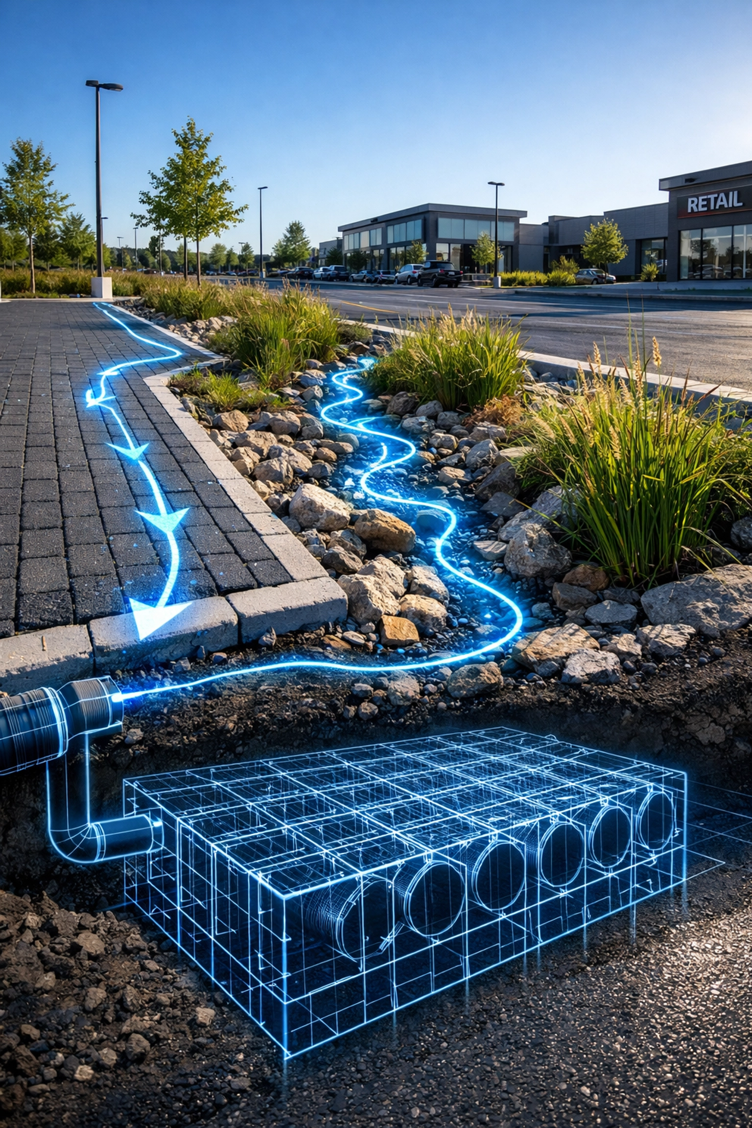 Professional Ontario site plan showing bioswale and underground stormwater management infrastructure.