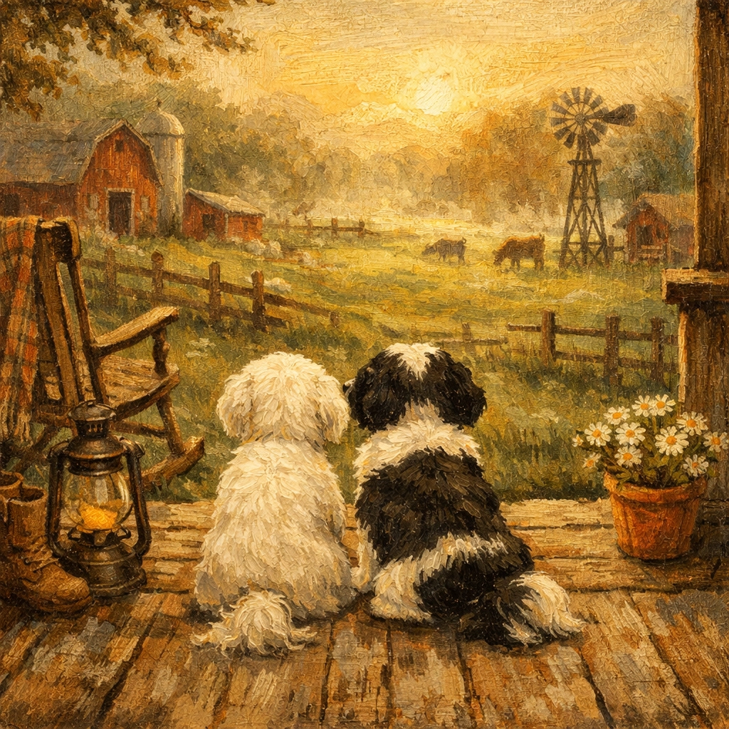 Milo the Maltese and Panda Bear the Shih Tzu overlook the misty morning pasture at Faithful Flock Farm.