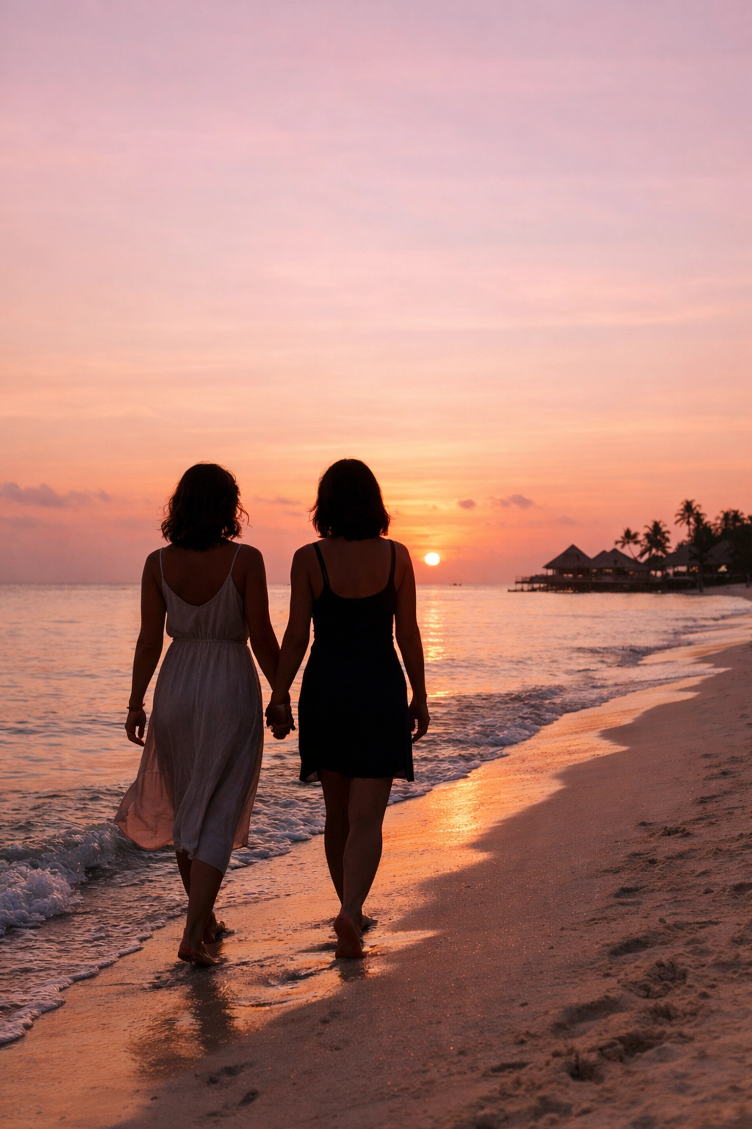 Lesbian couple walking hand-in-hand on beach at gay-friendly resort destination
