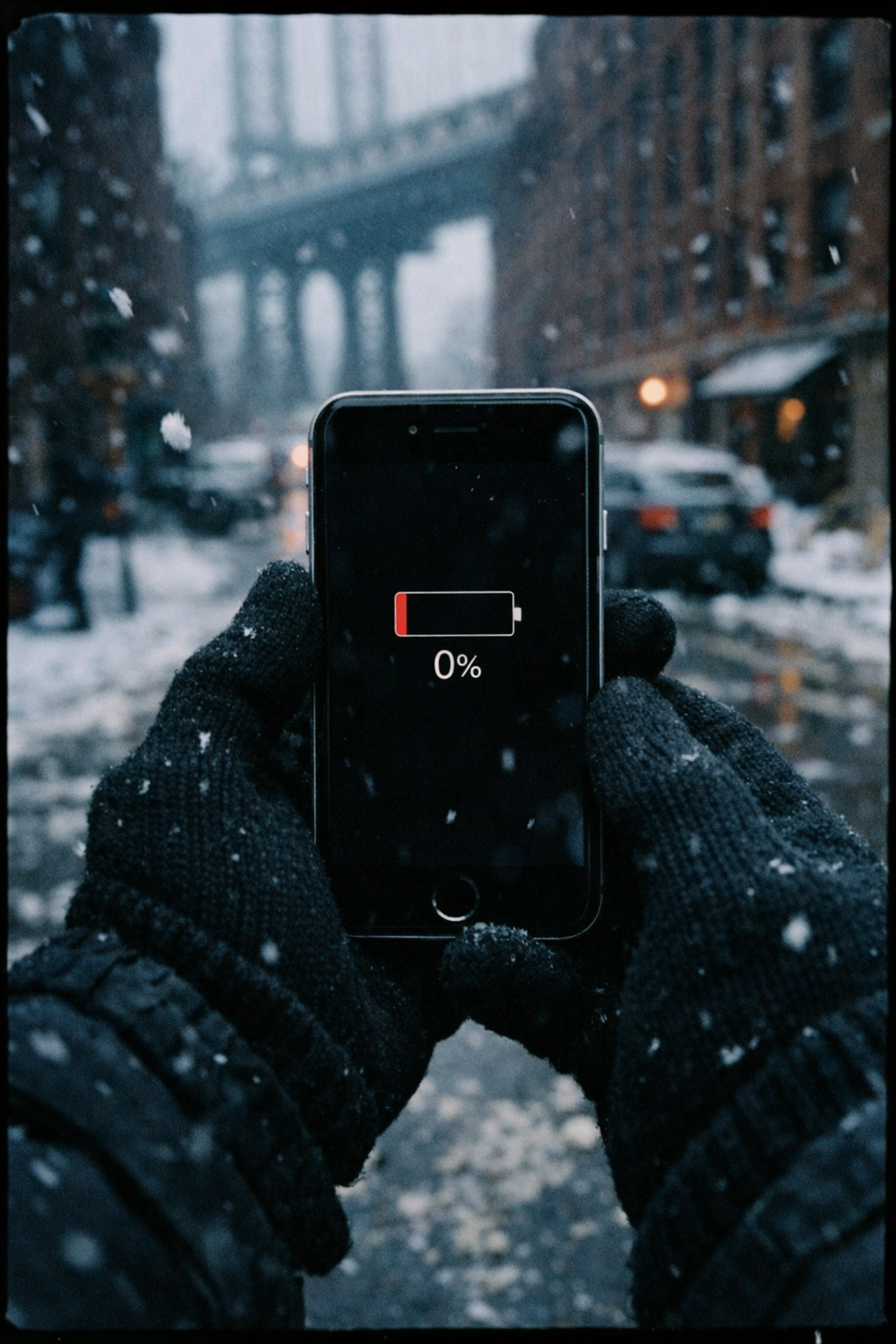 Dead iPhone with empty battery held in gloved hands on snowy Brooklyn street in winter