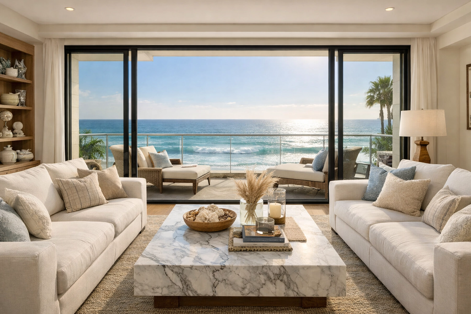 Luxury beachfront living room in San Diego managed with premium vacation rental care and ocean views.