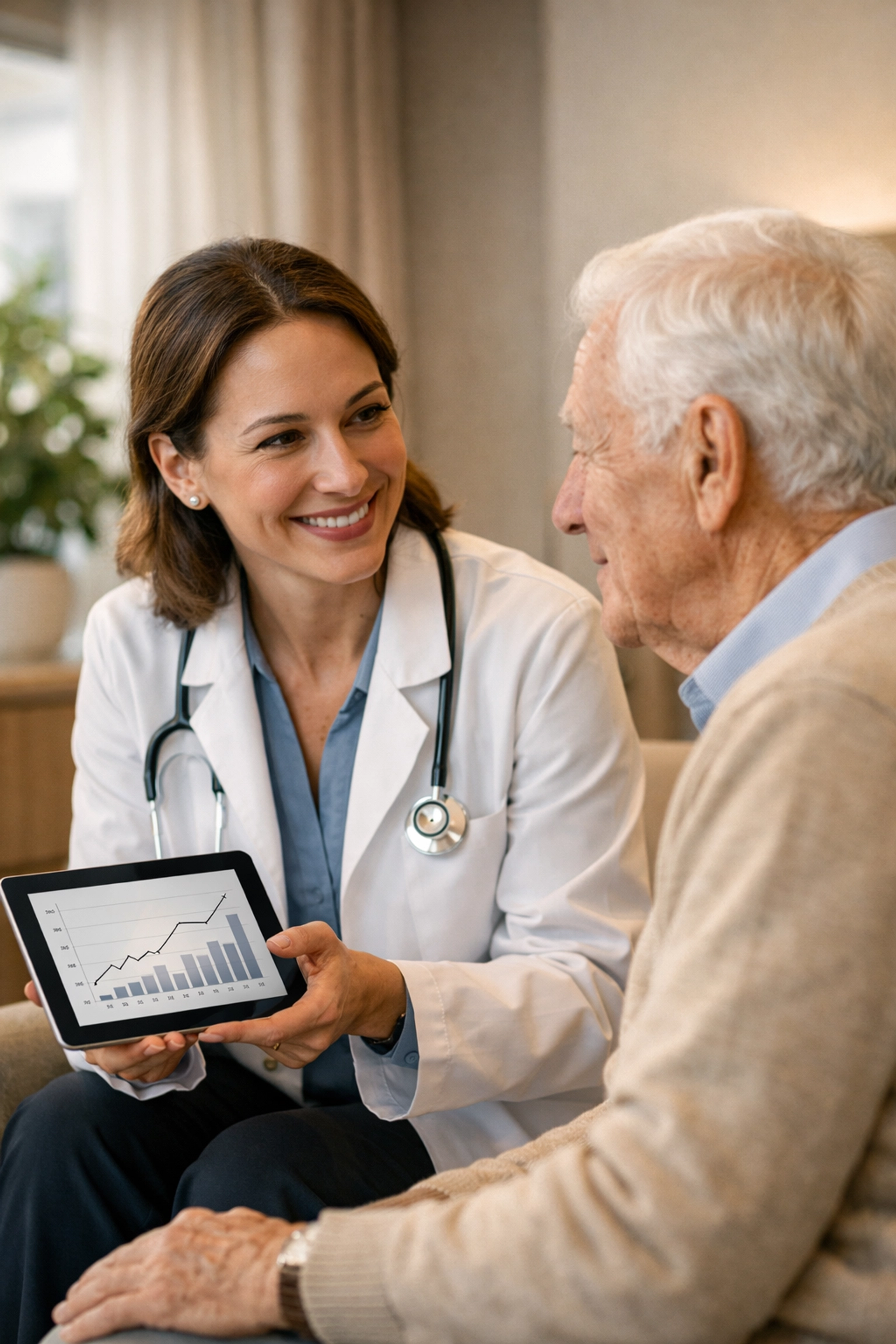 A doctor uses a tablet to share data while maintaining a warm, human connection with an elderly patient.