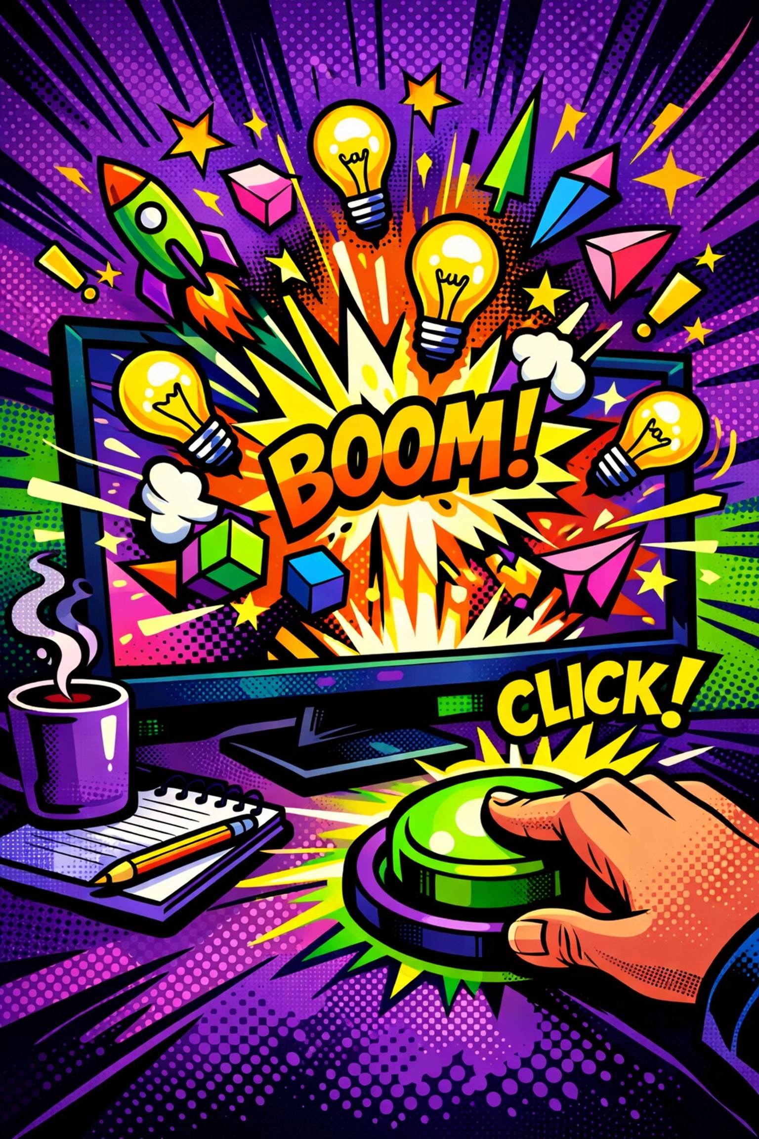 Hand pressing a button on a computer to trigger an AI content generator for small business marketing ideas.