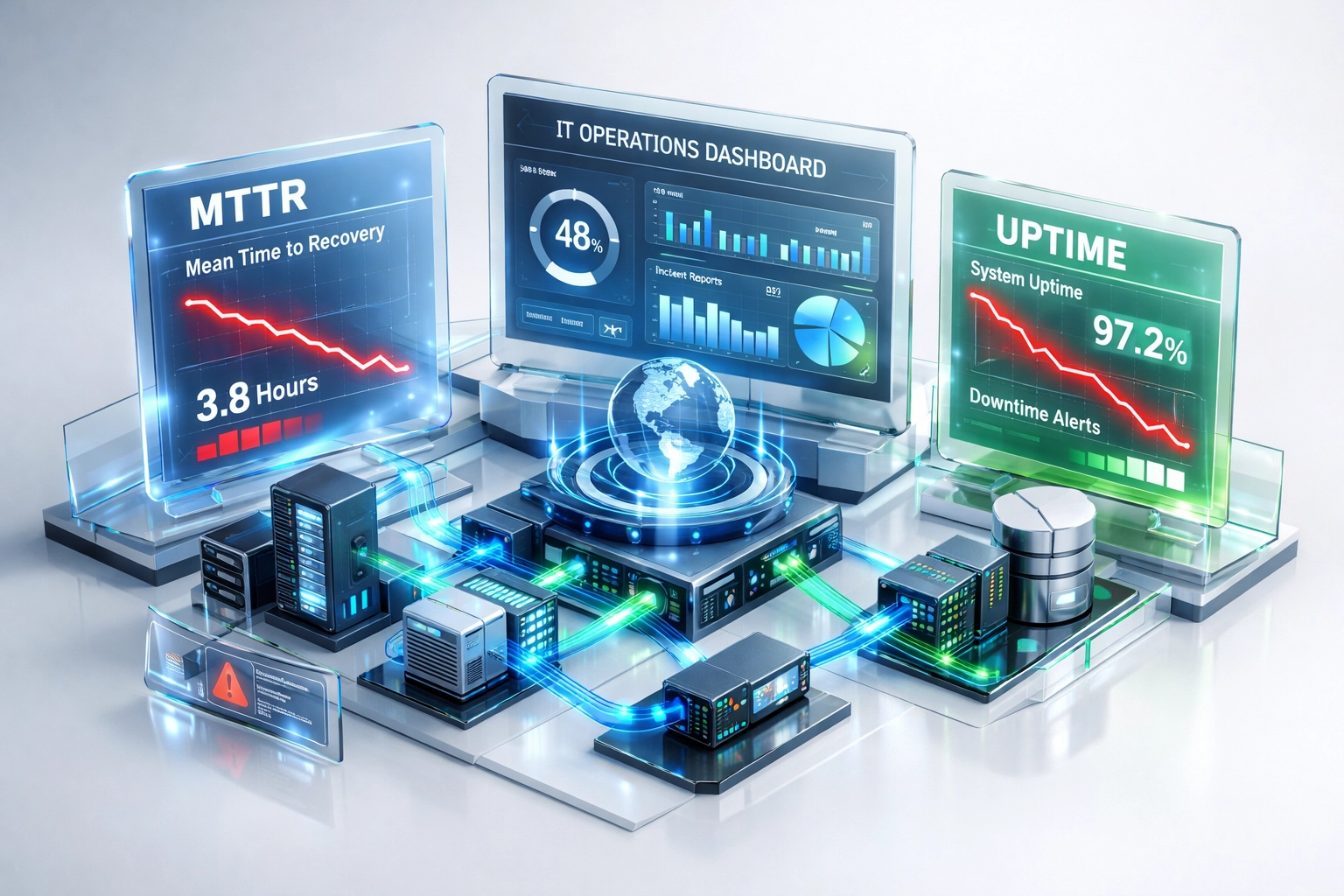 ServiceNow ITOM dashboard showing MTTR reduction metrics and operational performance statistics