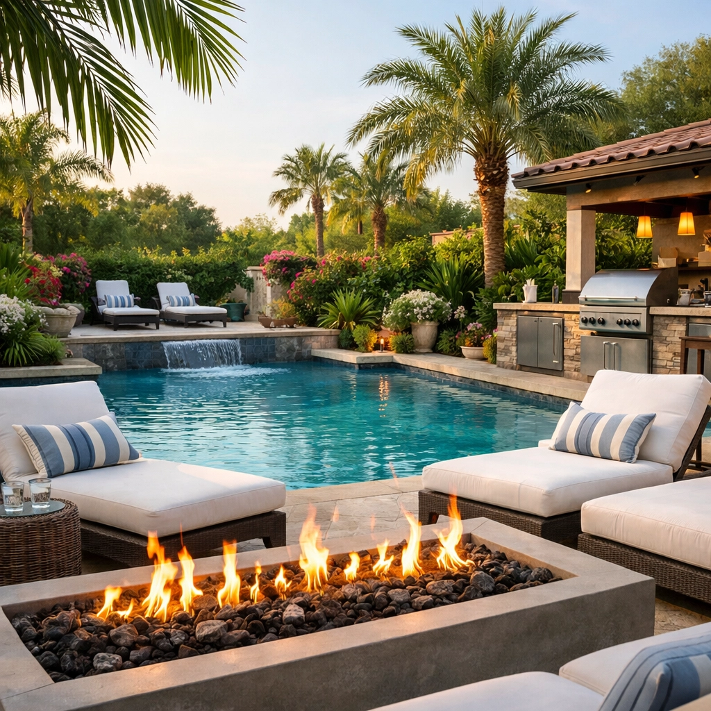 High-end outdoor living space with resort-style pool, fire pit, and outdoor kitchen amenities