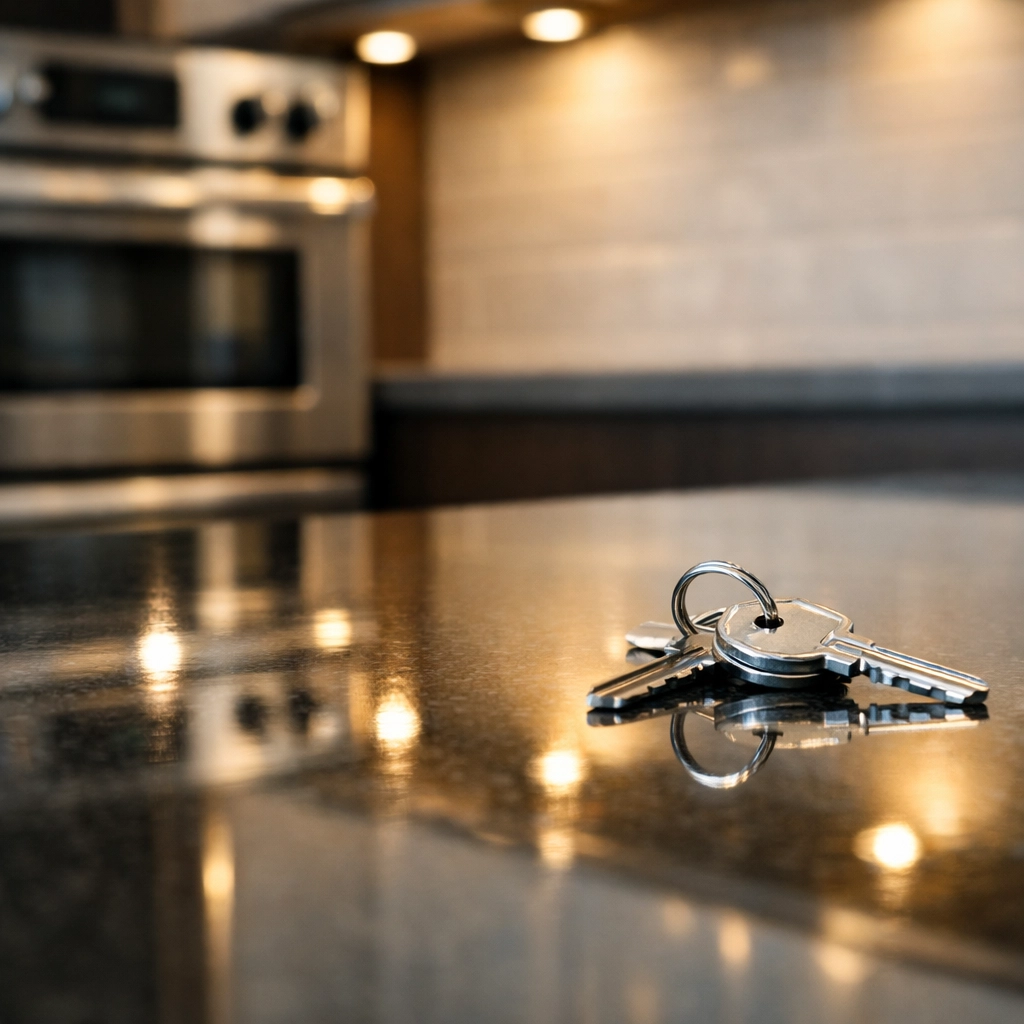 Spotless kitchen with polished counters and keys, showcasing move-in cleaning standards for property managers.