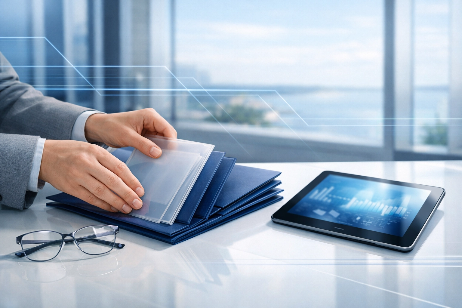 Hands organizing legal folders on a desk to prepare for a complex divorce case in Virginia Beach.