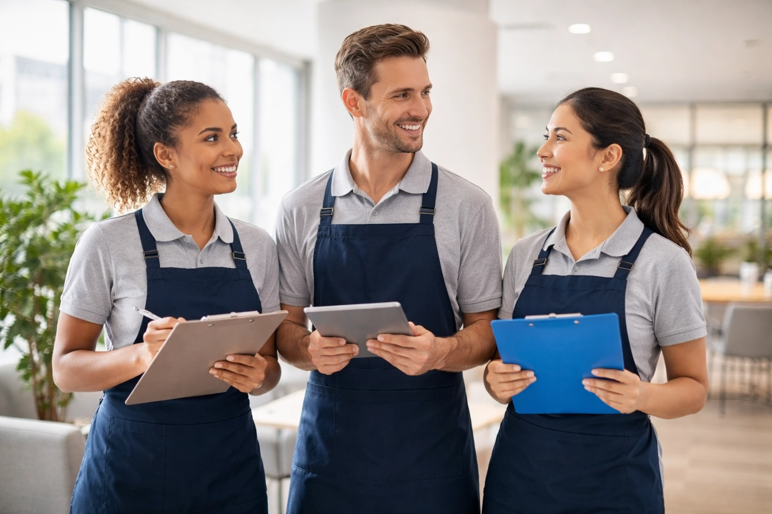 Diverse group of professional cleaners collaborating in a bright office, representing support and networking for cleaning professionals