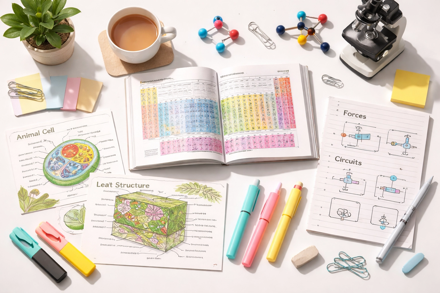 GCSE science revision setup with chemistry textbooks, biology cards, physics notes, highlighters, and supportive study environment.