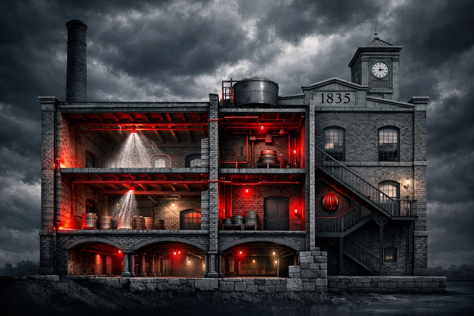 Historic textile mill with early fire safety features from 1835 FM Global founding