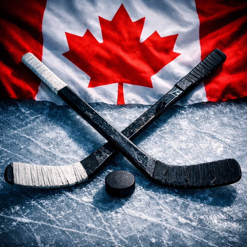 Hockey sticks crossed over Canadian flag symbolizing Team Canada pride and resilience