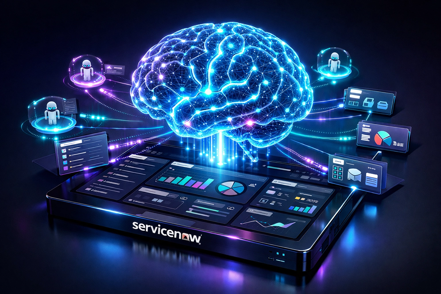 Agentic AI integration with ServiceNow dashboard showing neural network connections and autonomous agents