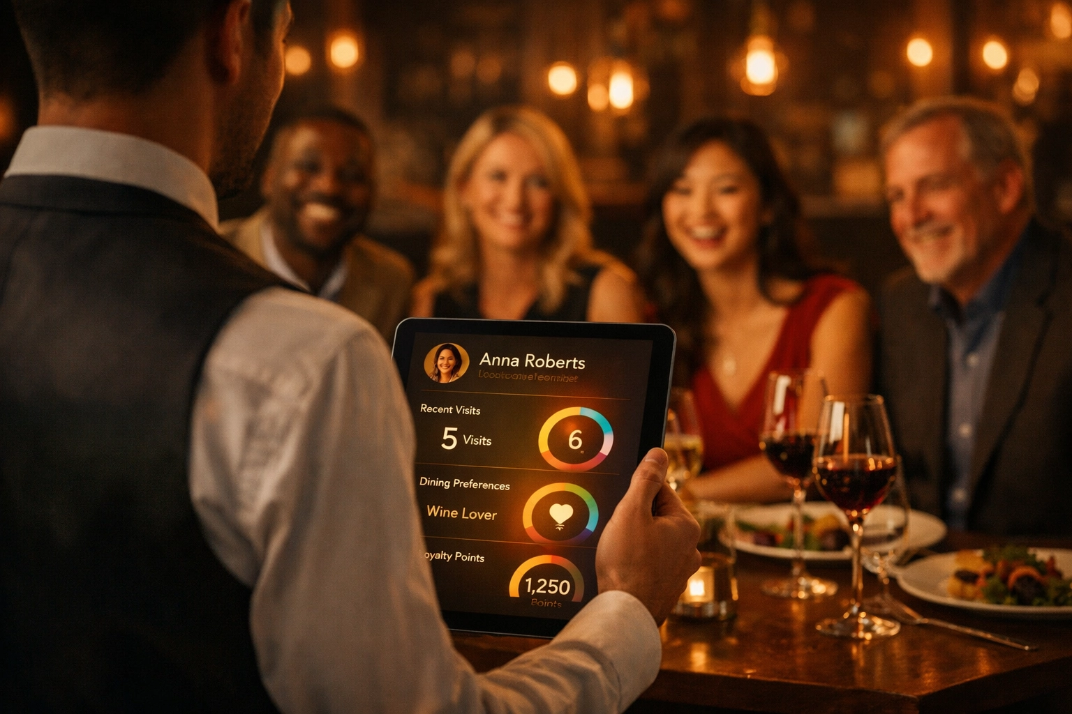 Server using customer loyalty platform tablet with restaurant guests