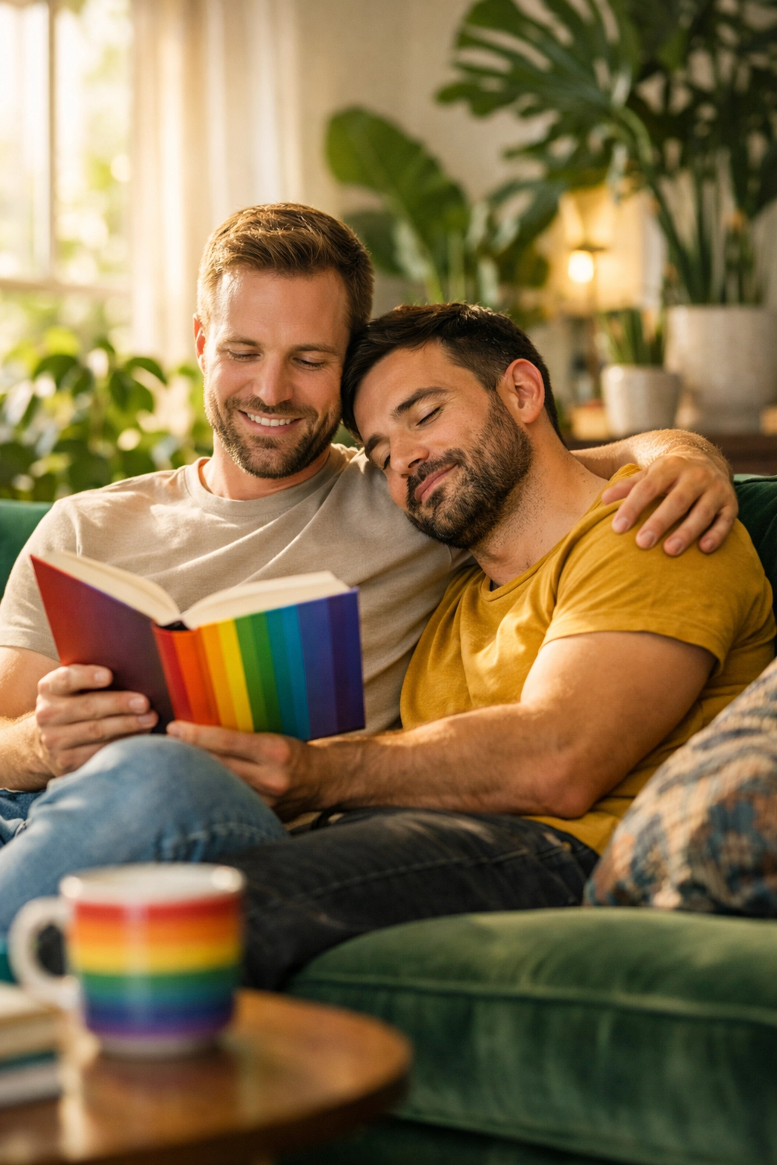 Two gay men relax on a sofa reading MM romance books, representing the vibrant future of stories at Read with Pride.