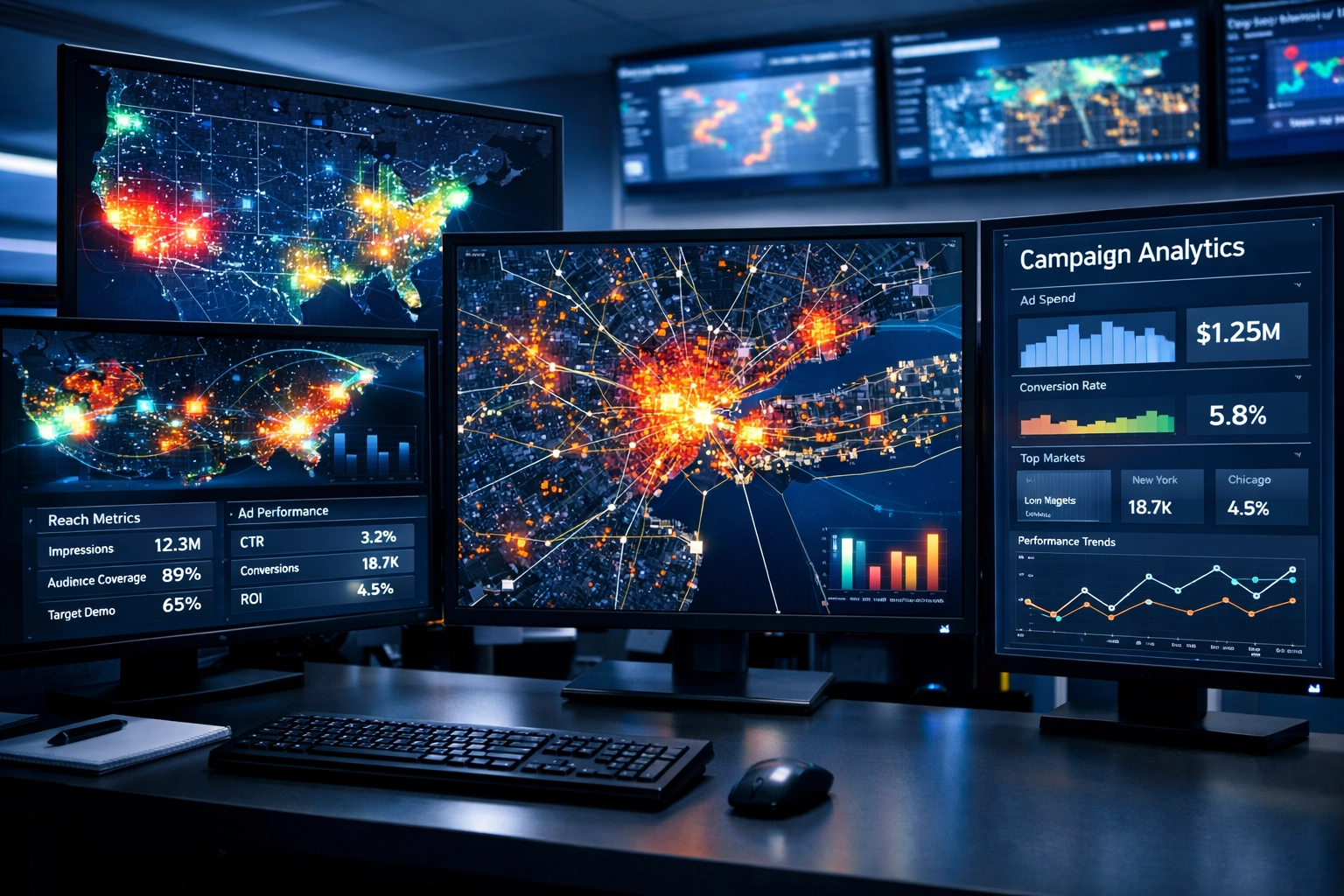 Programmatic DOOH campaign control center displaying geographic targeting maps and real-time data