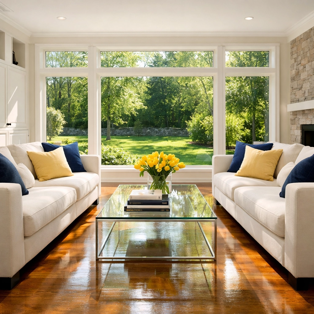Clean living room in a Sterling MA luxury home after a professional weekly house cleaning service.