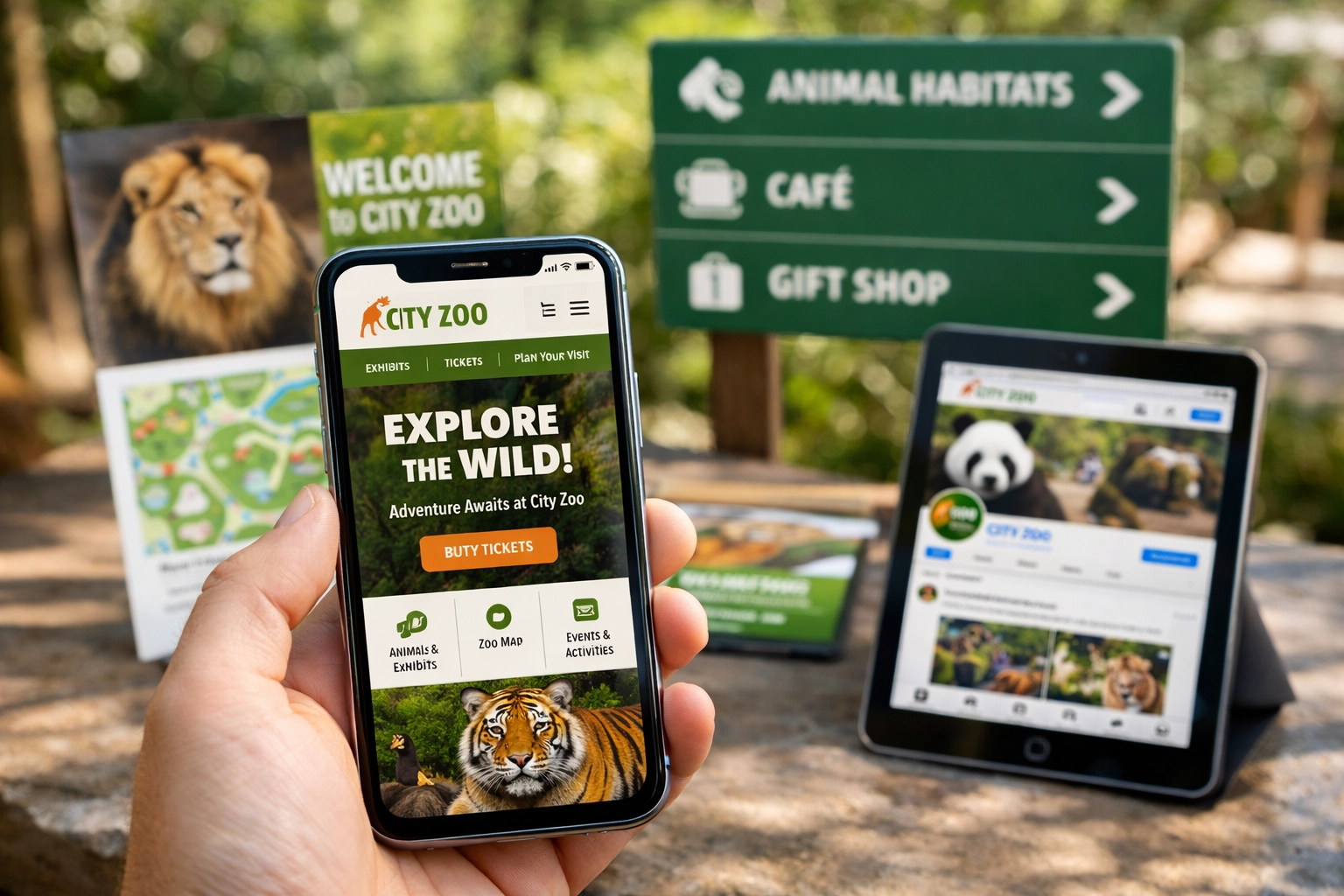 Digital and physical zoo branding materials showing consistent visual identity across multiple touchpoints