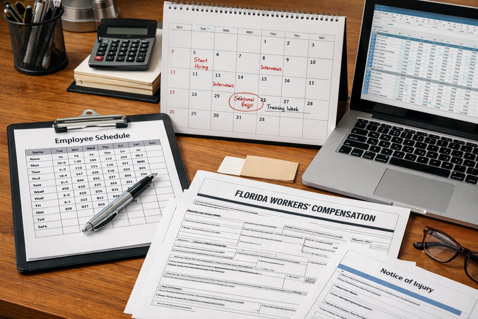 Restaurant manager desk showing workers comp forms and seasonal employee schedules in Florida