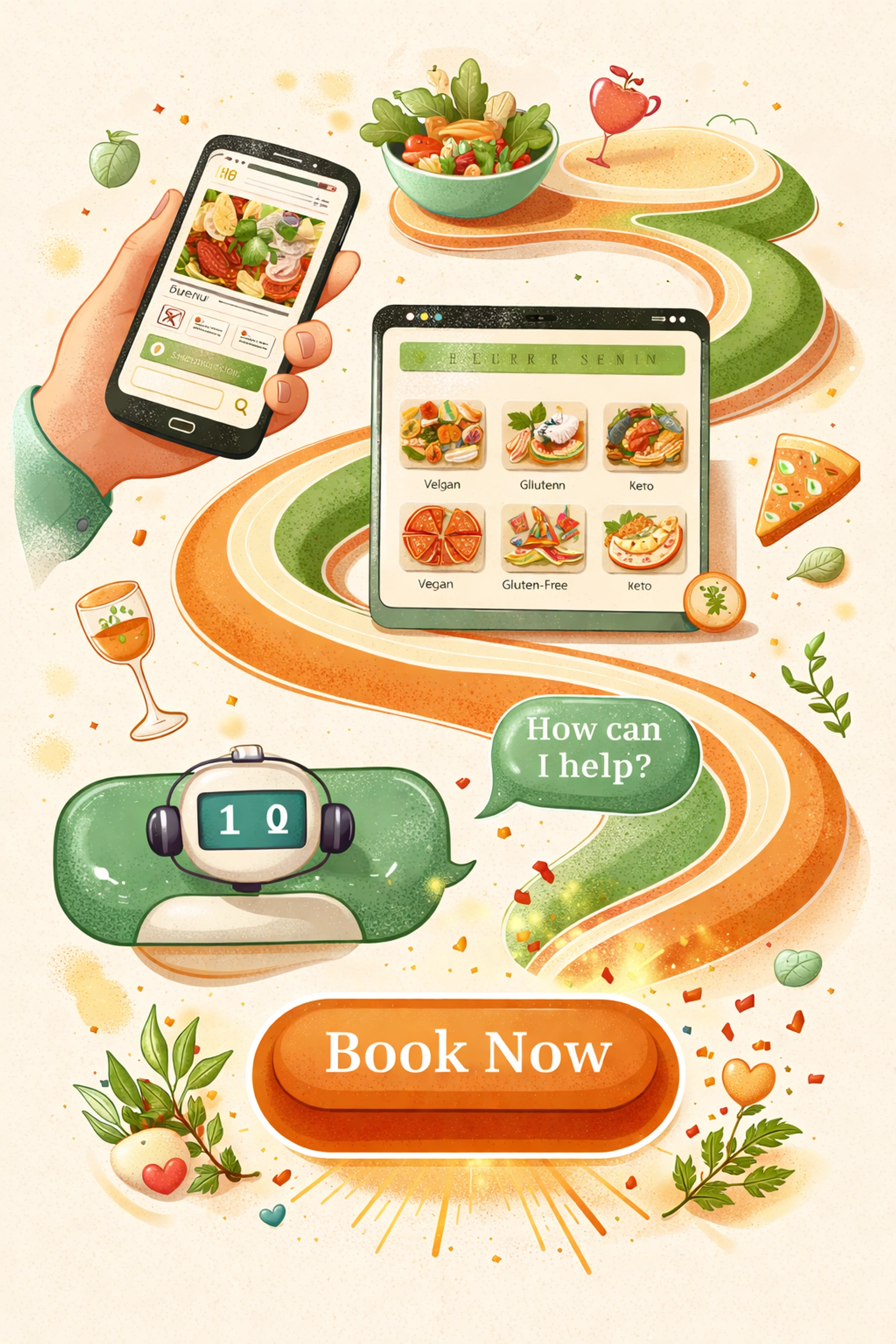 Infographic showing a restaurant website user's interactive journey through digital menus, chat, and booking process