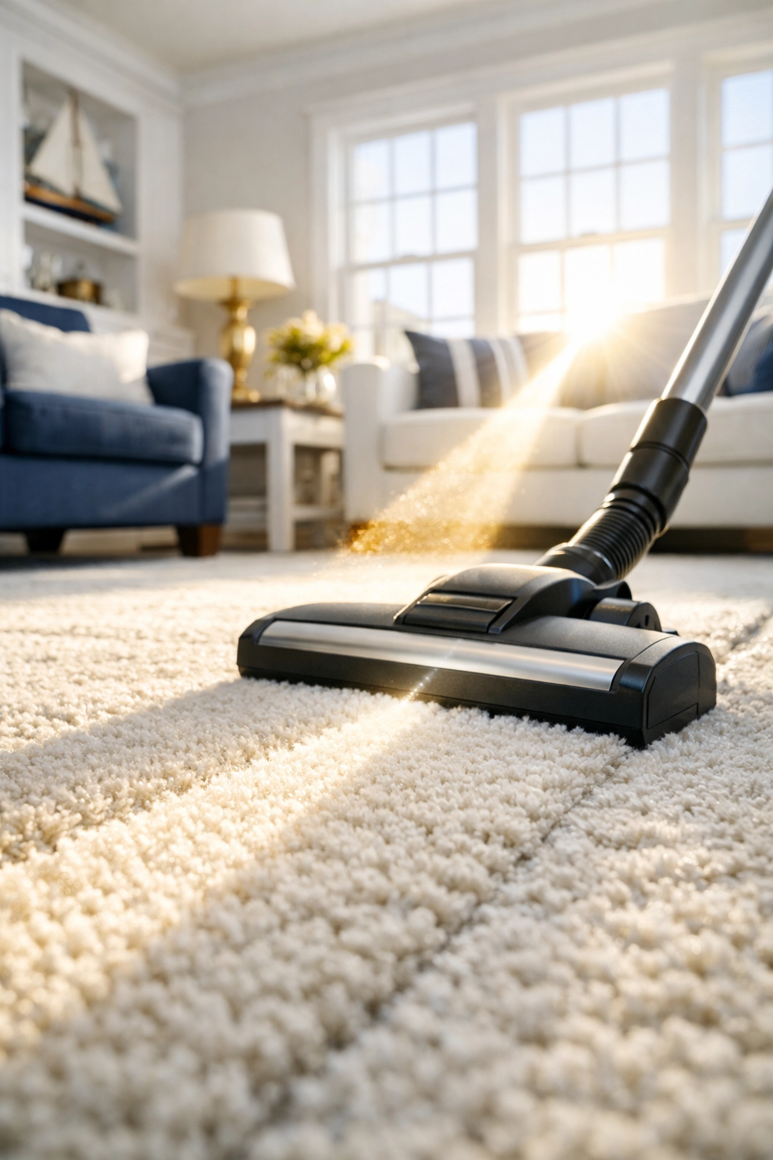 Professional HEPA vacuuming a Lunenburg home carpet to remove deep-seated allergens and dust.