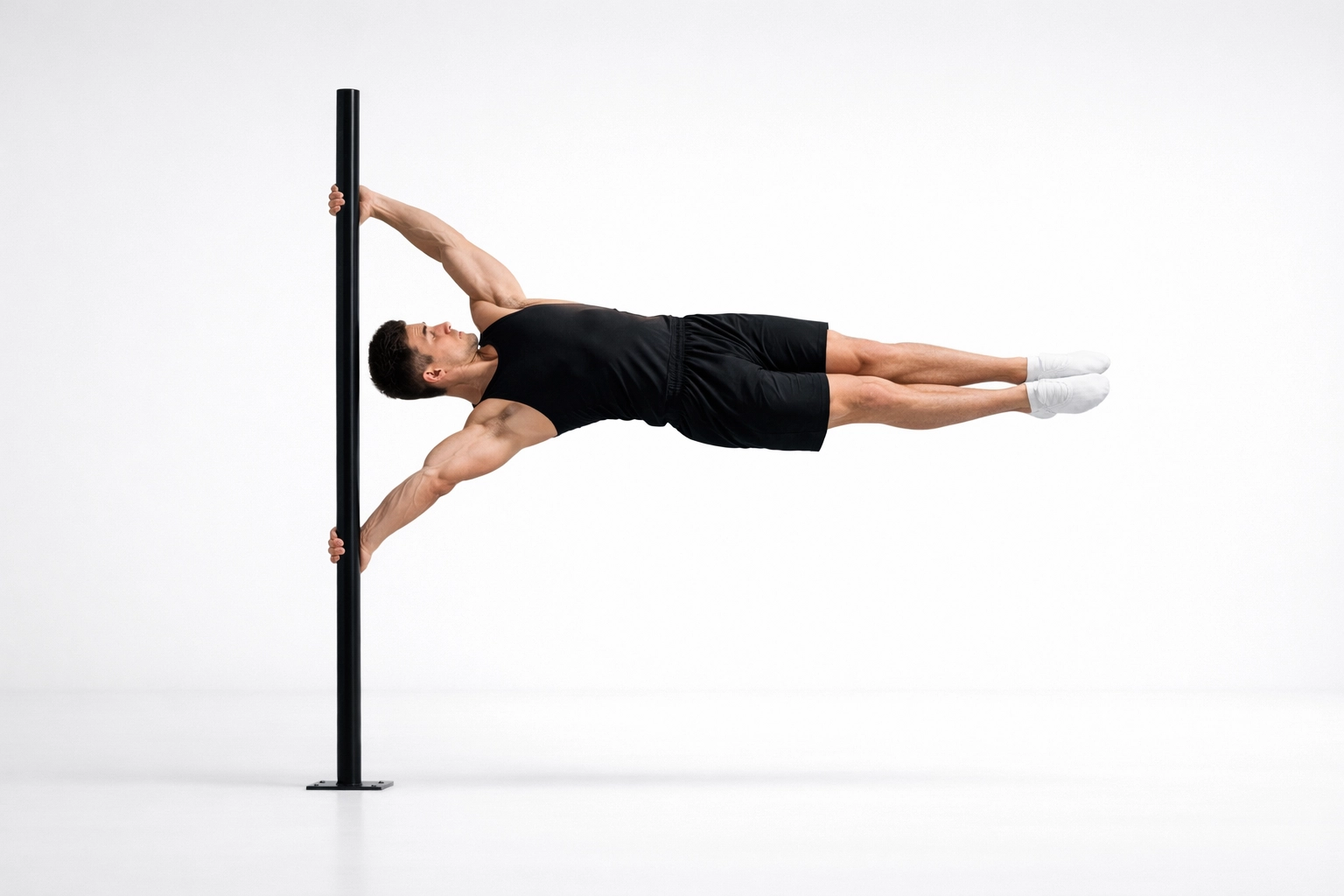 Gymnast performing a human flag on high-end calisthenics equipment for home strength.