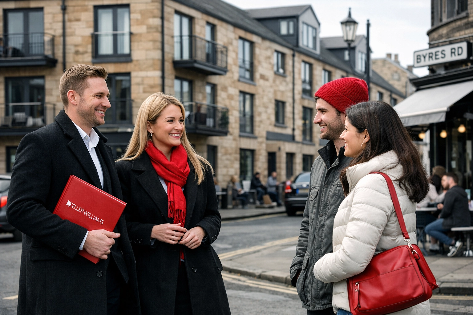 Estate agents and buyers chatting in a trendy Glasgow neighbourhood, building trust and community.